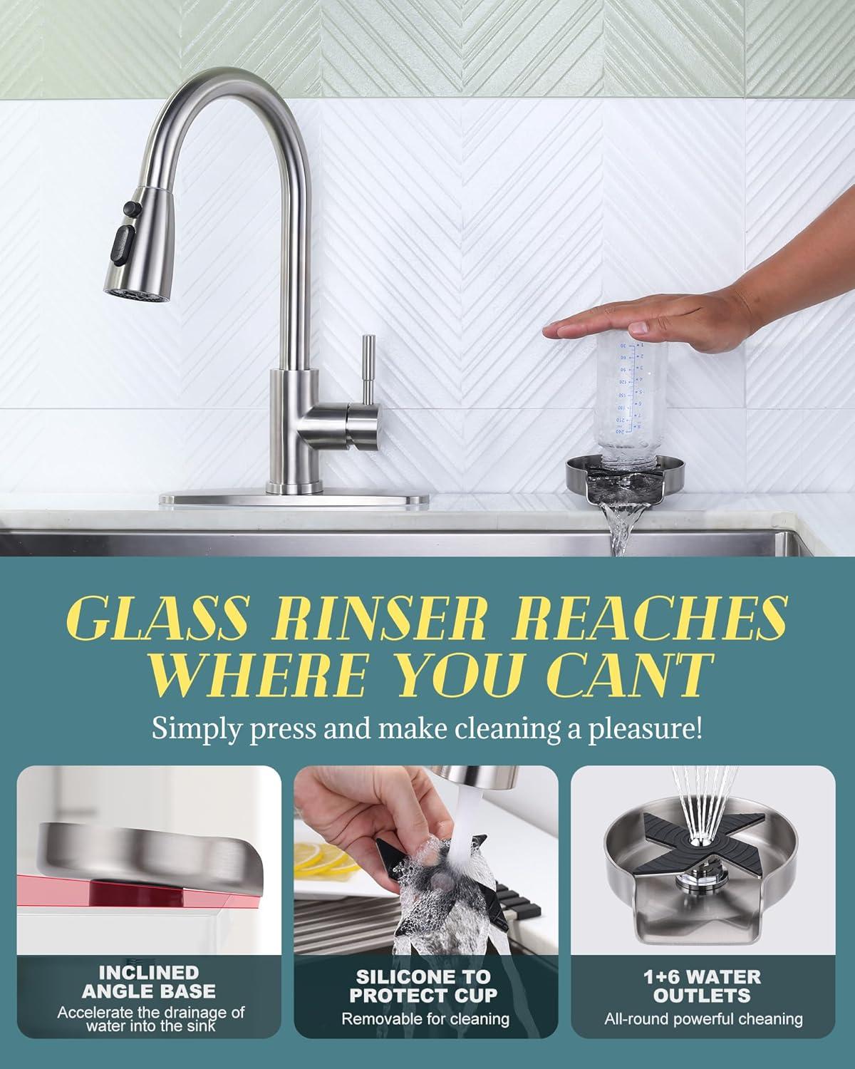 WOWOW Kitchen Faucet with Sprayer, Kitchen Sink Faucet, SUS 304 Stainless Steel, High Arc Single Handle Brushed Nickel Kitchen Faucets with Pull Down Sprayer, Pull Out Kitchen Faucet with Deck Plate