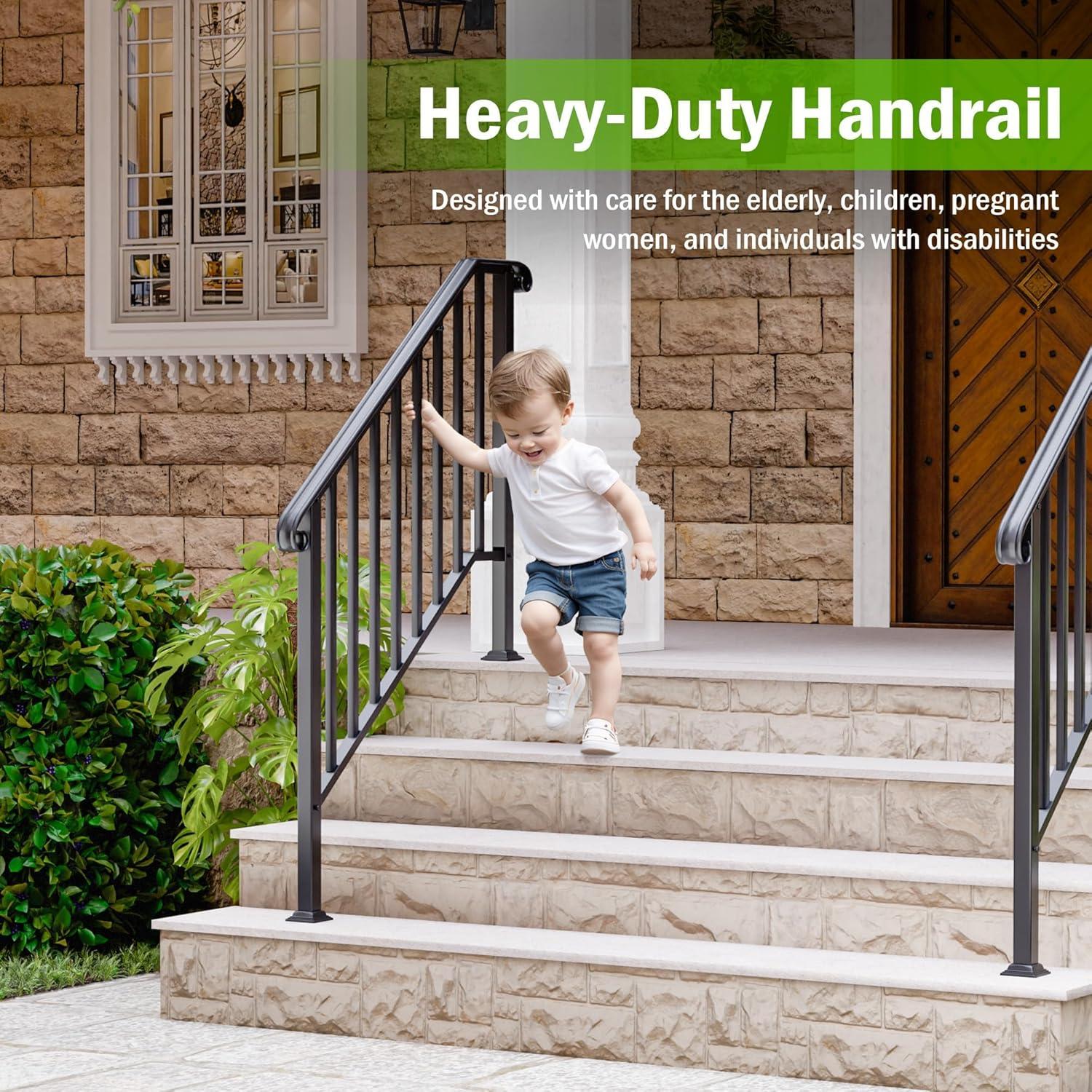 HLL Handrails for Outdoor Steps, Black Wrought Iron Handrail Fits 4 or 5 Steps, Transitional Handrail with Installation Kit, Stair Railing for Concrete Steps or Wooden Stairs