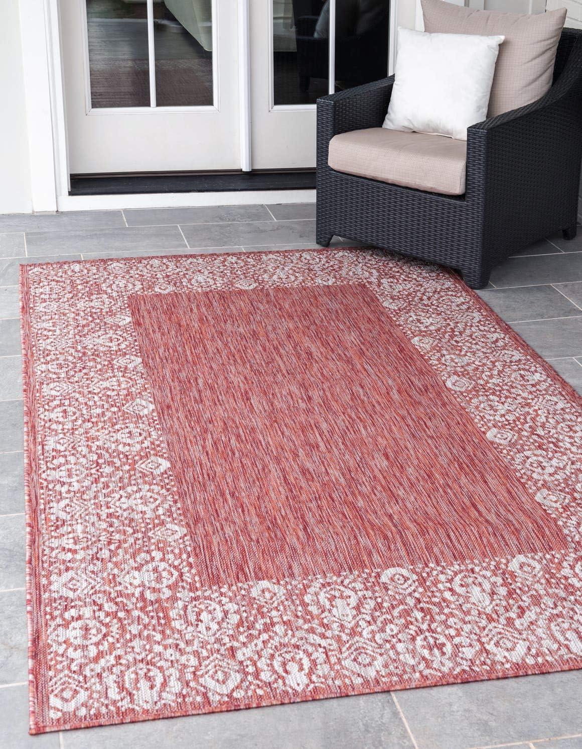 Unique Loom 5' 3 x 8' 0 Rectangle Indoor/Outdoor Border Rust Red Area Rug