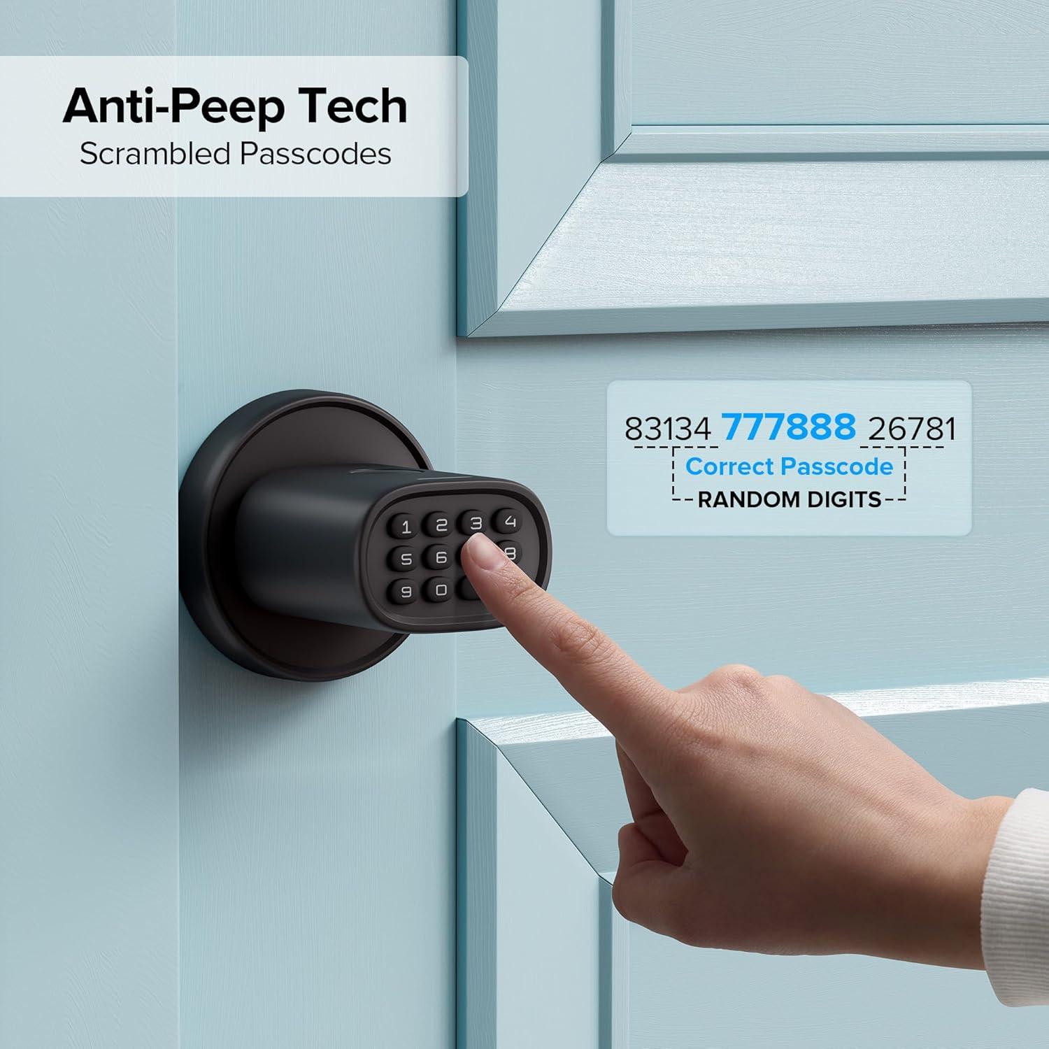 Keyless Entry Door Lock, Fingerprint Door Lock With Keypad Biometric Door Handle, Automatic Locking, For Interior Doors Up To 2-1/4" Thick, Bedroom, Home Office, Garage, 4 AA Alkaline Batteries, MD1 Black