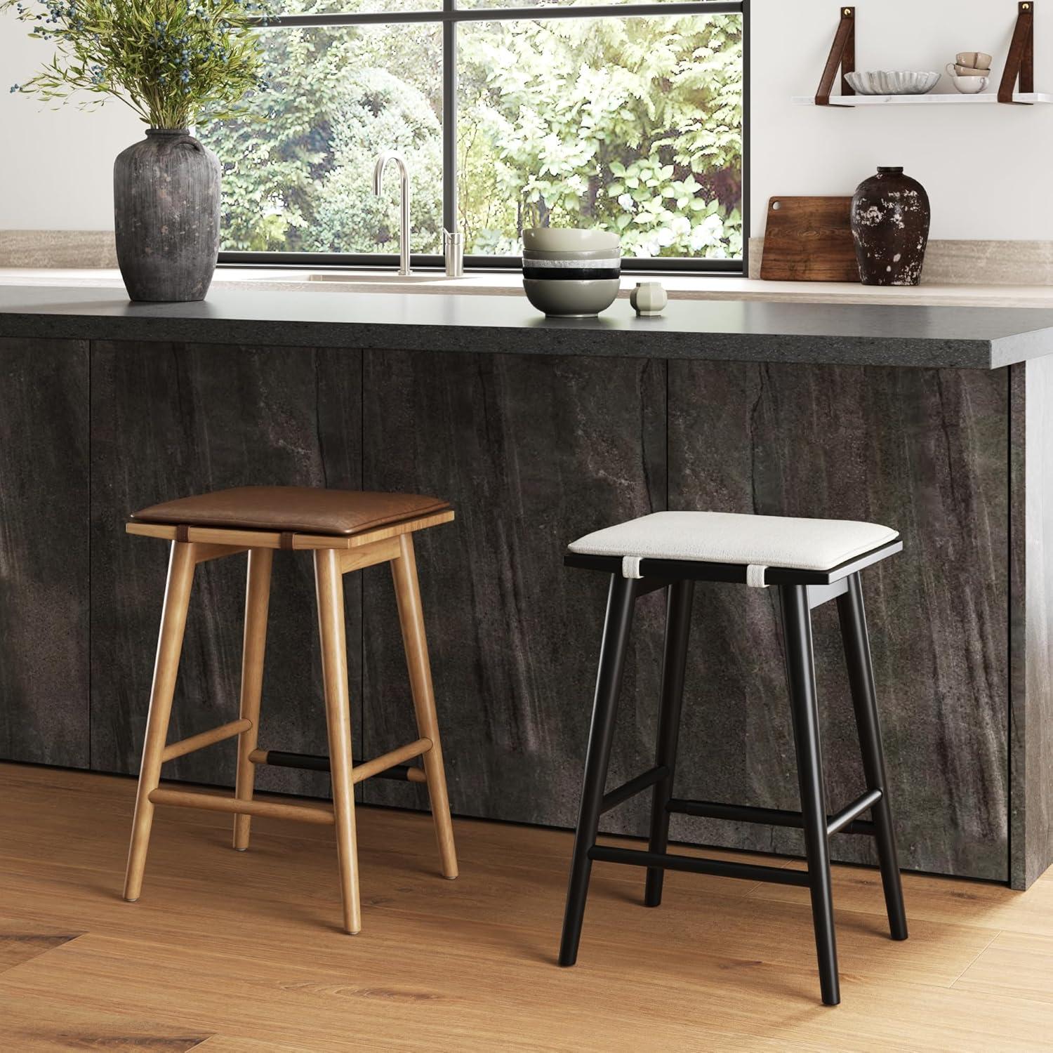 Nathan James Barker Wood and Boucle Counter Height Barstool Black: Linen Upholstered, 24.8" Tall