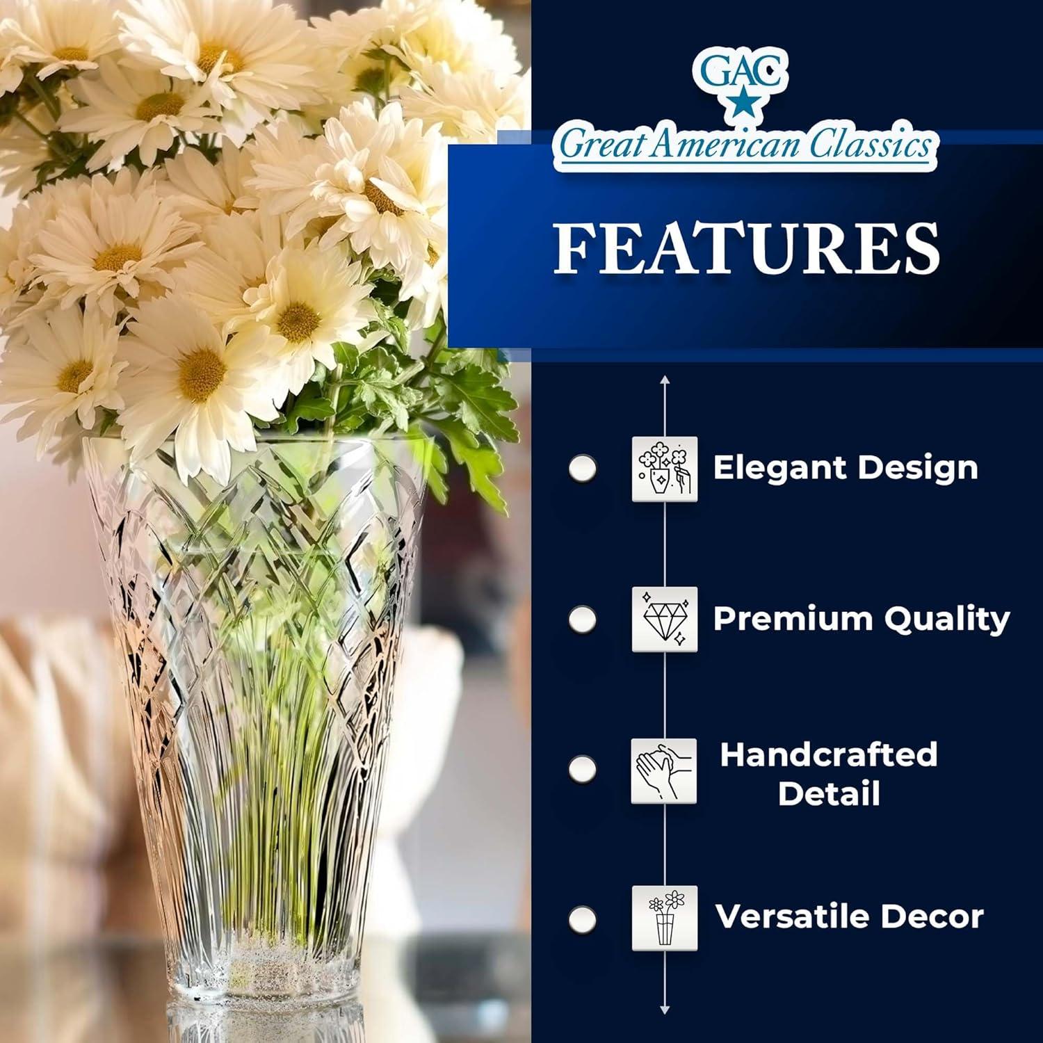 GAC Mouth-Blown Crystal Flower Vase - 10" Elegant Decorative Centerpiece for Table, Dining, Home Decor, & Weddings. Ideal for Floral Arrangements, Modern Crystal Design, Glass Vase for Living Room