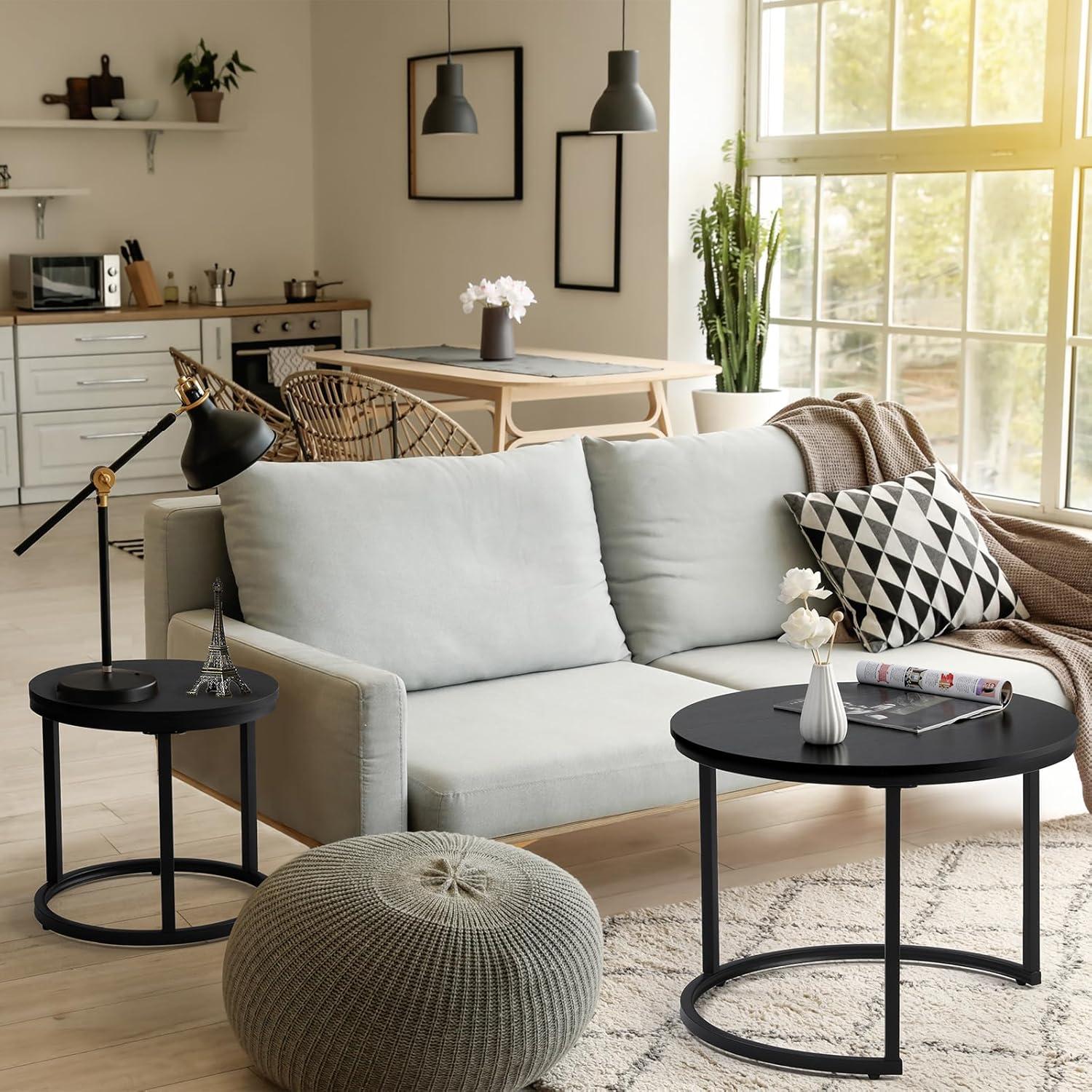 Rustic Brown and Black Round Nesting Coffee Tables with Storage