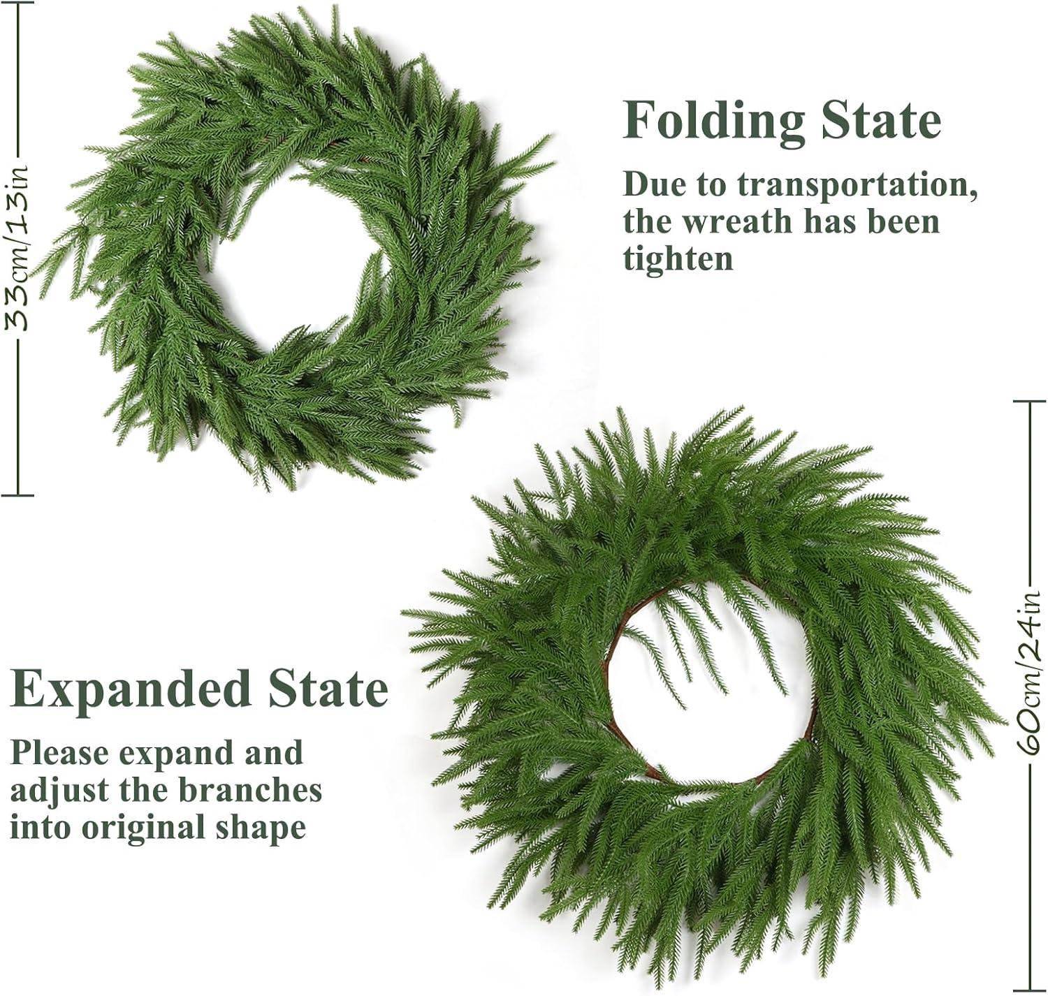 24" Pine Wreath for Front Door Artificial Christmas Wreath Green Faux Pine Wreath for Wall Windows Mantle Outdoor Christmas Decoration