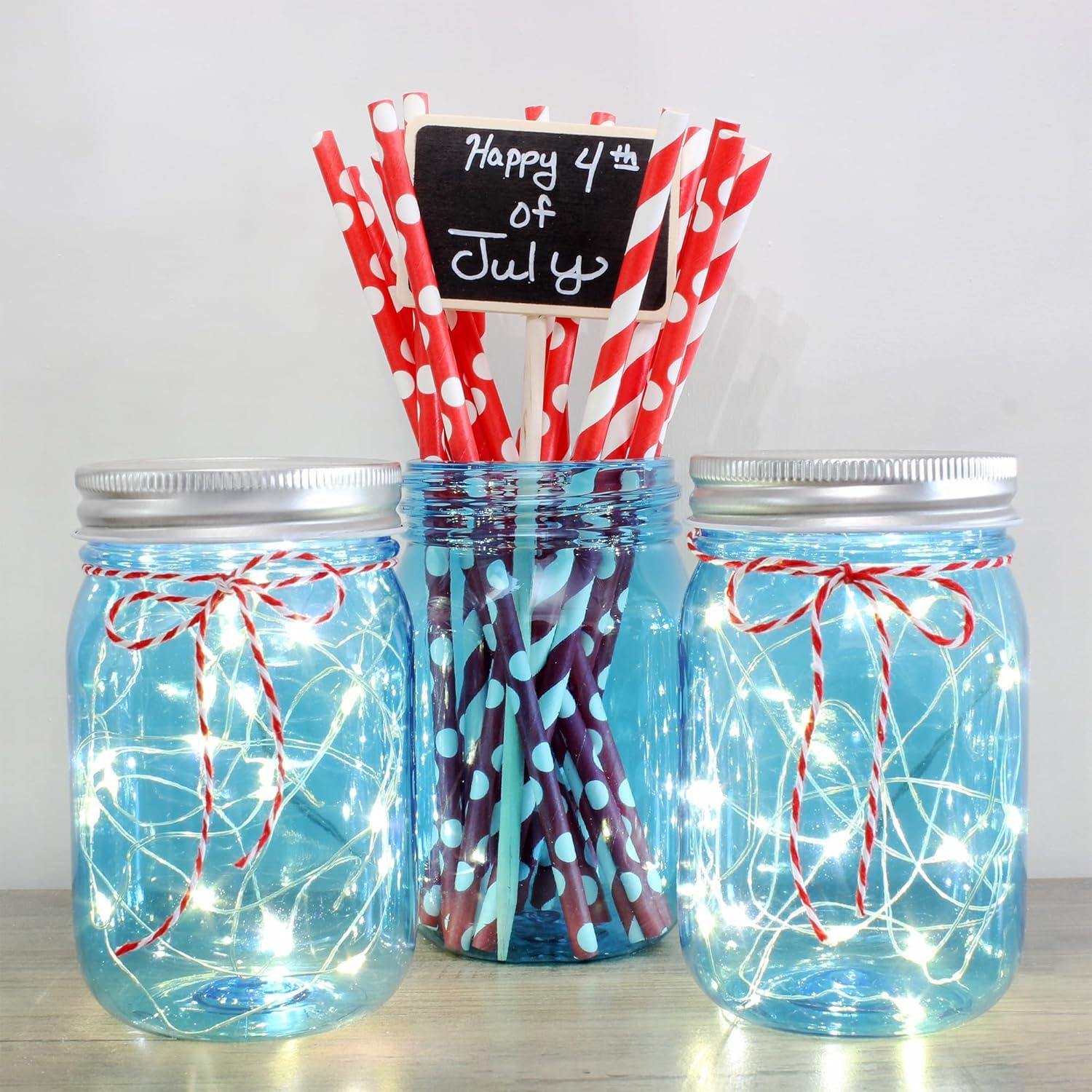 Cornucopia Brands 16oz Plastic Mason Jars 8pk, Blue/Silver; Mason Jar Style w/ Metal Lids, Pint Size, Compatible w/ Regular Mason Jar Lids