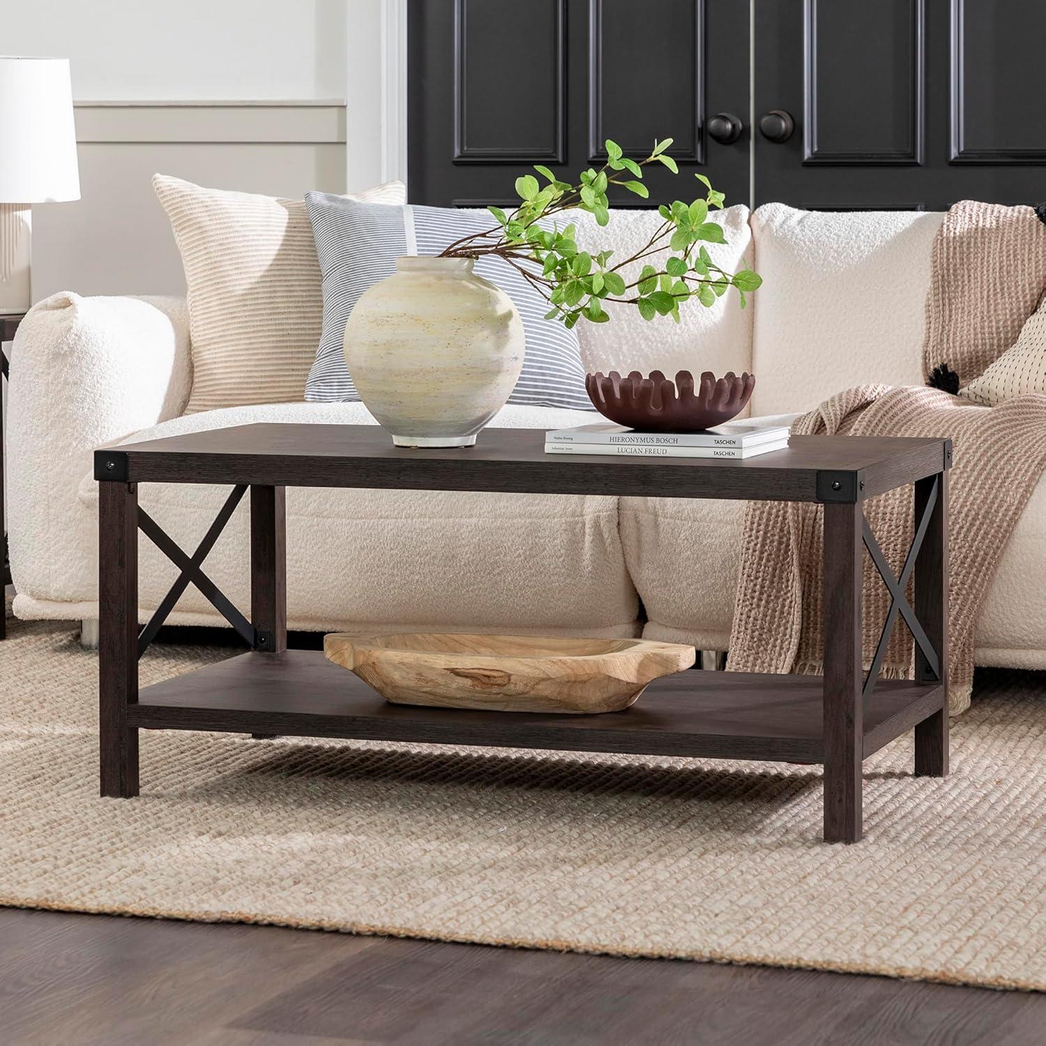 Walker Edison Farmhouse Open Storage Coffee Table, Sable