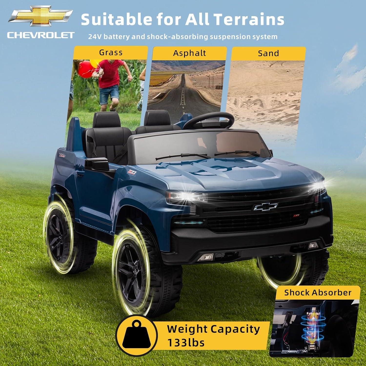 Chevrolet Silverado 24V Powered Ride on Cars for Kids, Extra large Real 2 Seat Ride on Toys with Remote Control, LED Light, MP3 Player, Electric Vehicles Ride on Truck for Boys Girls Gifts, Blue