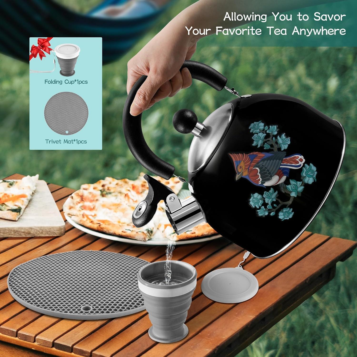 ARC Stainless Steel  2QT Whistling Tea Kettle - Black - Magic Color Changing Design Tea Pot - Ergonomic Handle Stovetop Whistle Kettle - Free Folding Cup and Trivet Mat Included