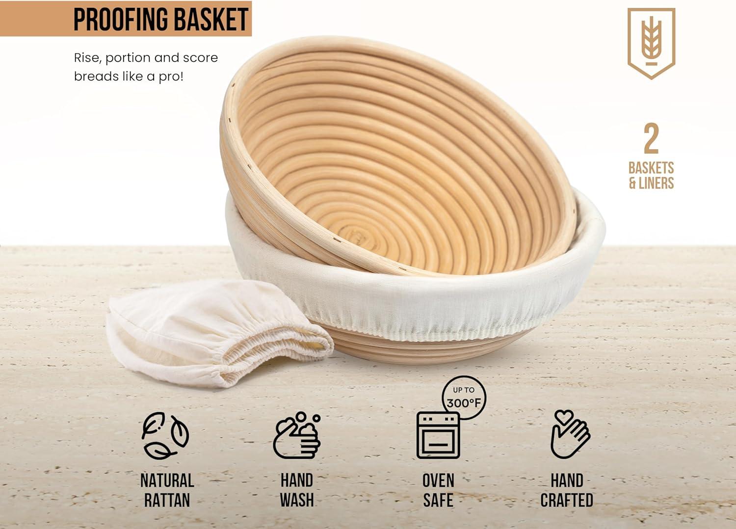 kook Kook 2-Piece 9-Inch Banneton Bread Proofing Basket Set with Linen Liners (Set of 2)