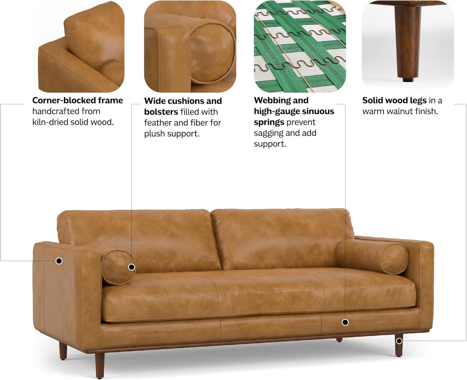 Simpli Home Morrison Genuine Leather Sofa, Mid-Century Modern Couch for Living Room, Handcrafted with Removable Cushions