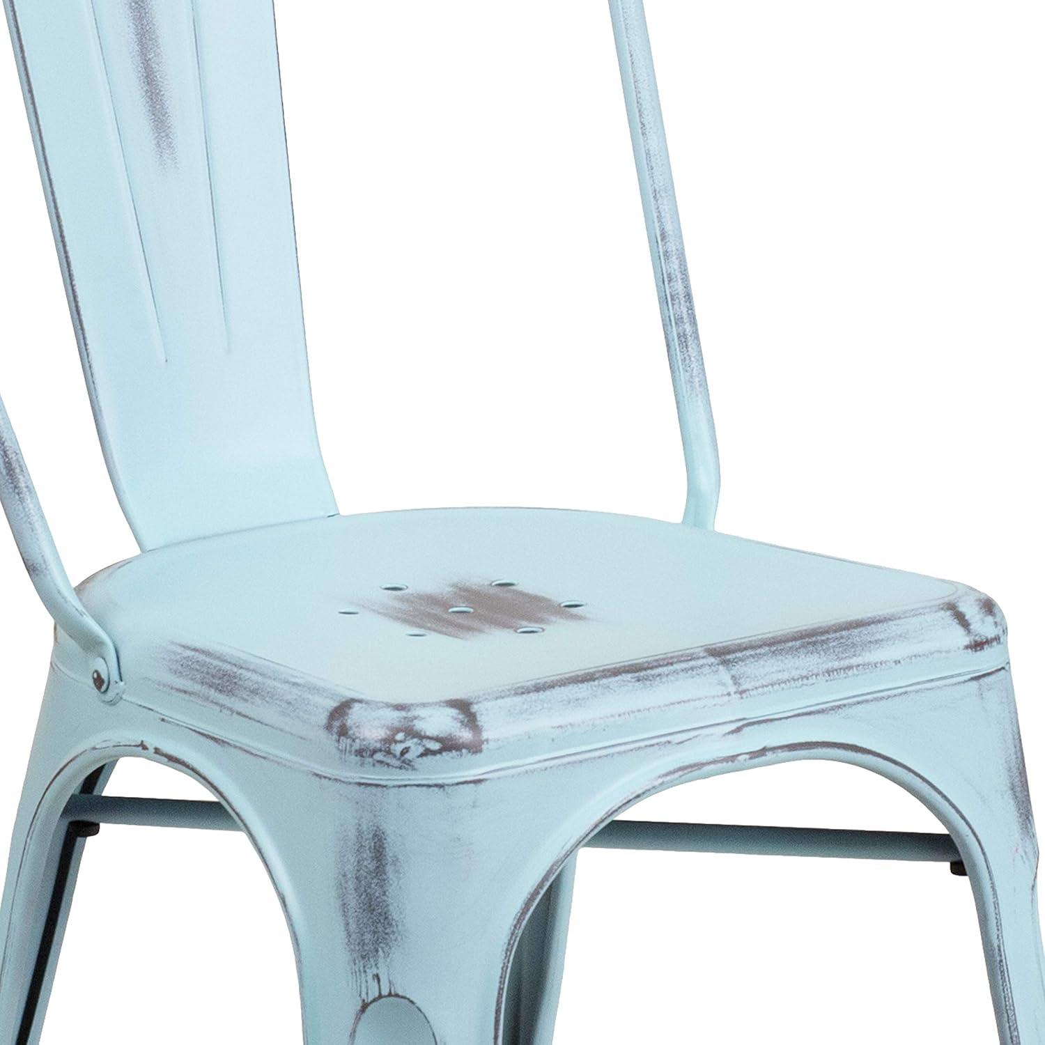 Distressed Green-Blue Metal Stackable Side Chair