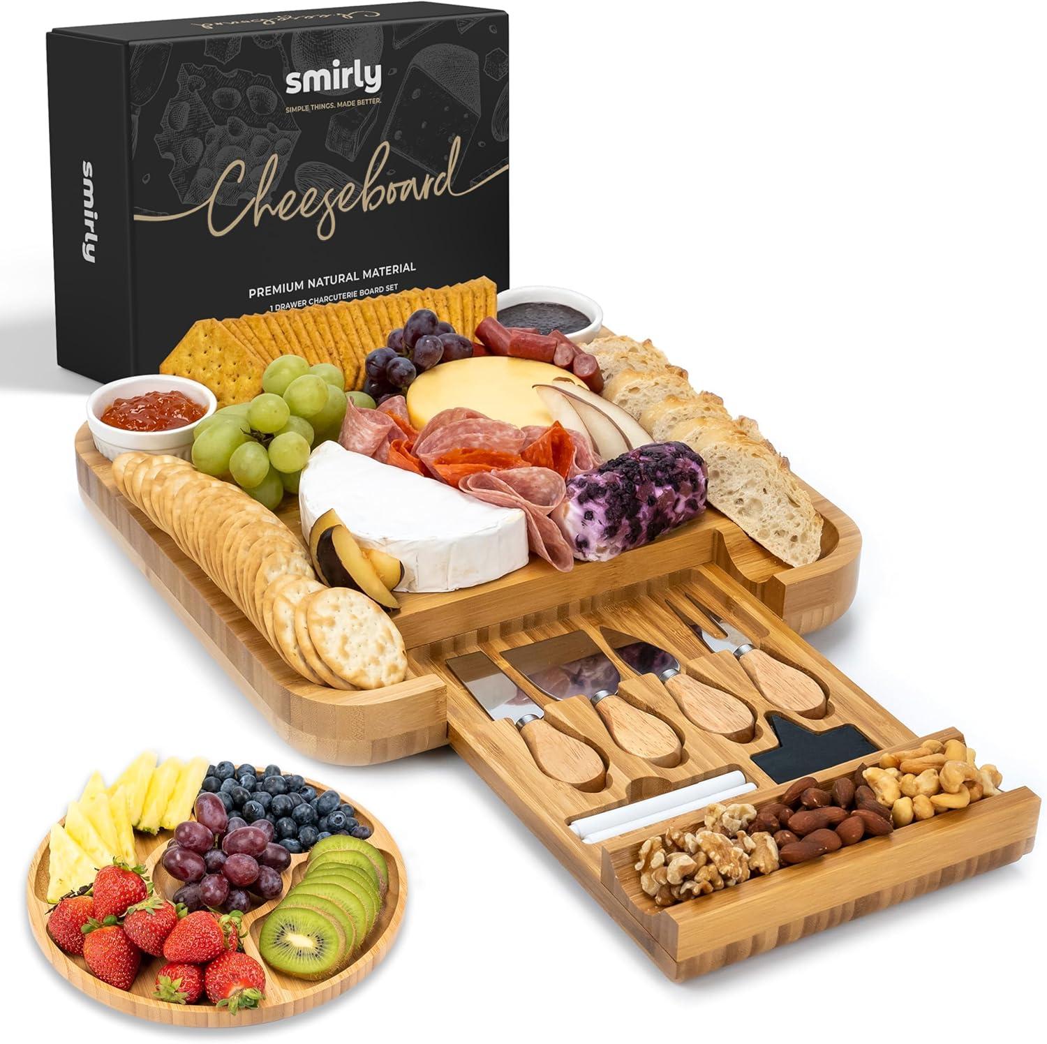 SMIRLY Charcuterie Board Set Large Bamboo Cheese Board with Fruit Tray & 2 Ceramic Bowls