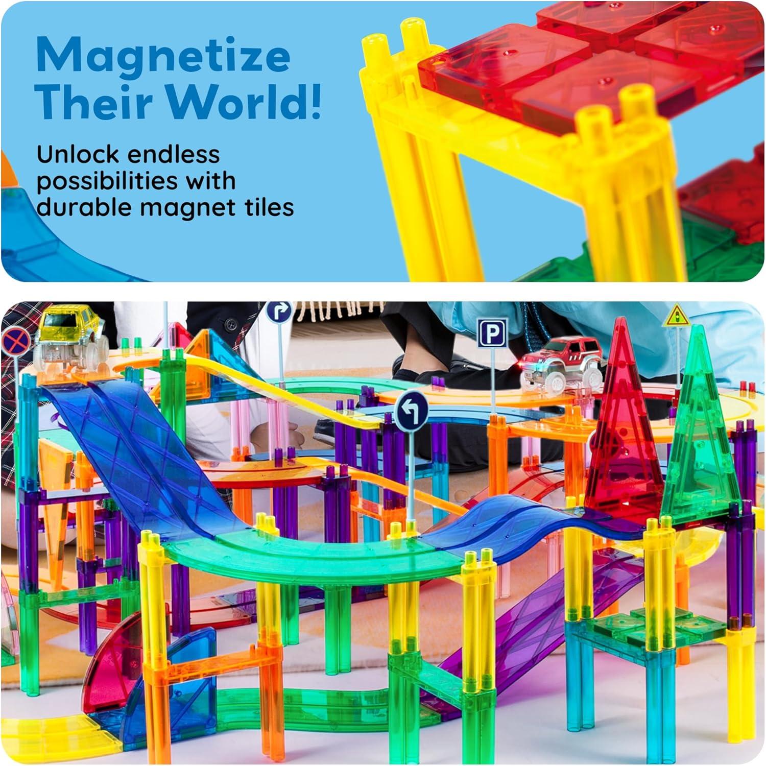 PICASSO-TILES Race Track Magnetic Tiles for Kids, 128PCS with 3 Racing Cars, Construction STEM Building Blocks Educational Toy