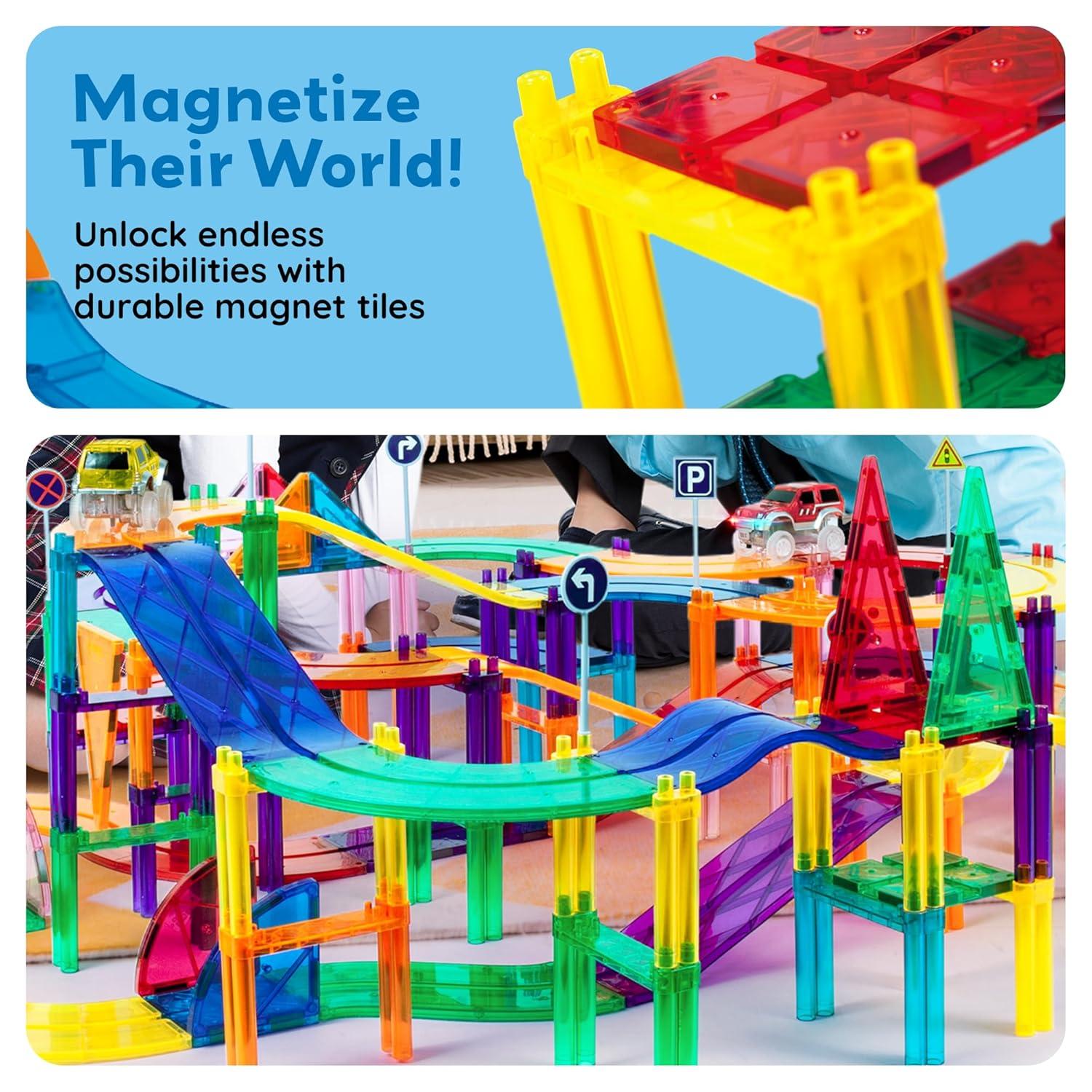PICASSO-TILES Race Track Magnetic Tiles for Kids, 128PCS with 3 Racing Cars, Construction STEM Building Blocks Educational Toy