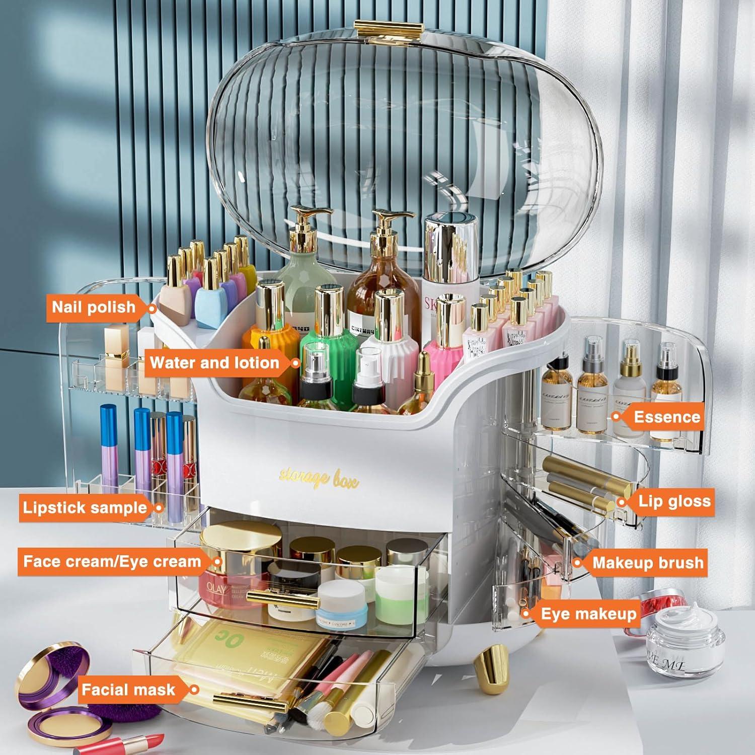 Makeup bag Storage Box, Countertop Portable Vanity Cosmetics MAKE UP bathroom organizers and Storage, Cosmetics Organizer Box for Countertop & Drawers, Skincare Organizers Box by KME (White 360)