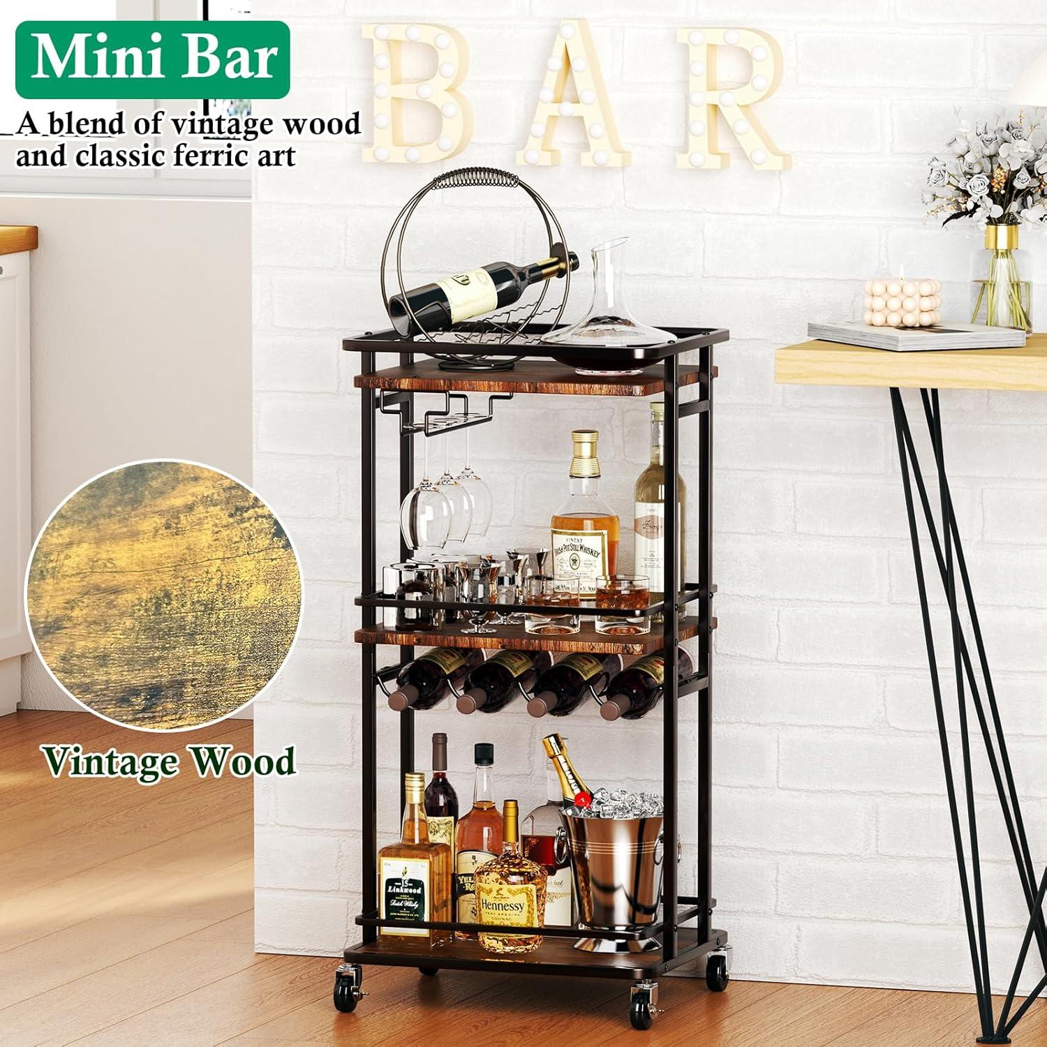 3 Tier Bar Cart for Home, Rolling Mini Liquor Bar Cabinet with Wine Rack and Glass Holder, Home Bar Serving Cart on Wheels for Dinner Party Wine Alcohol Drink, Bar Stand for Living Room Kitchen