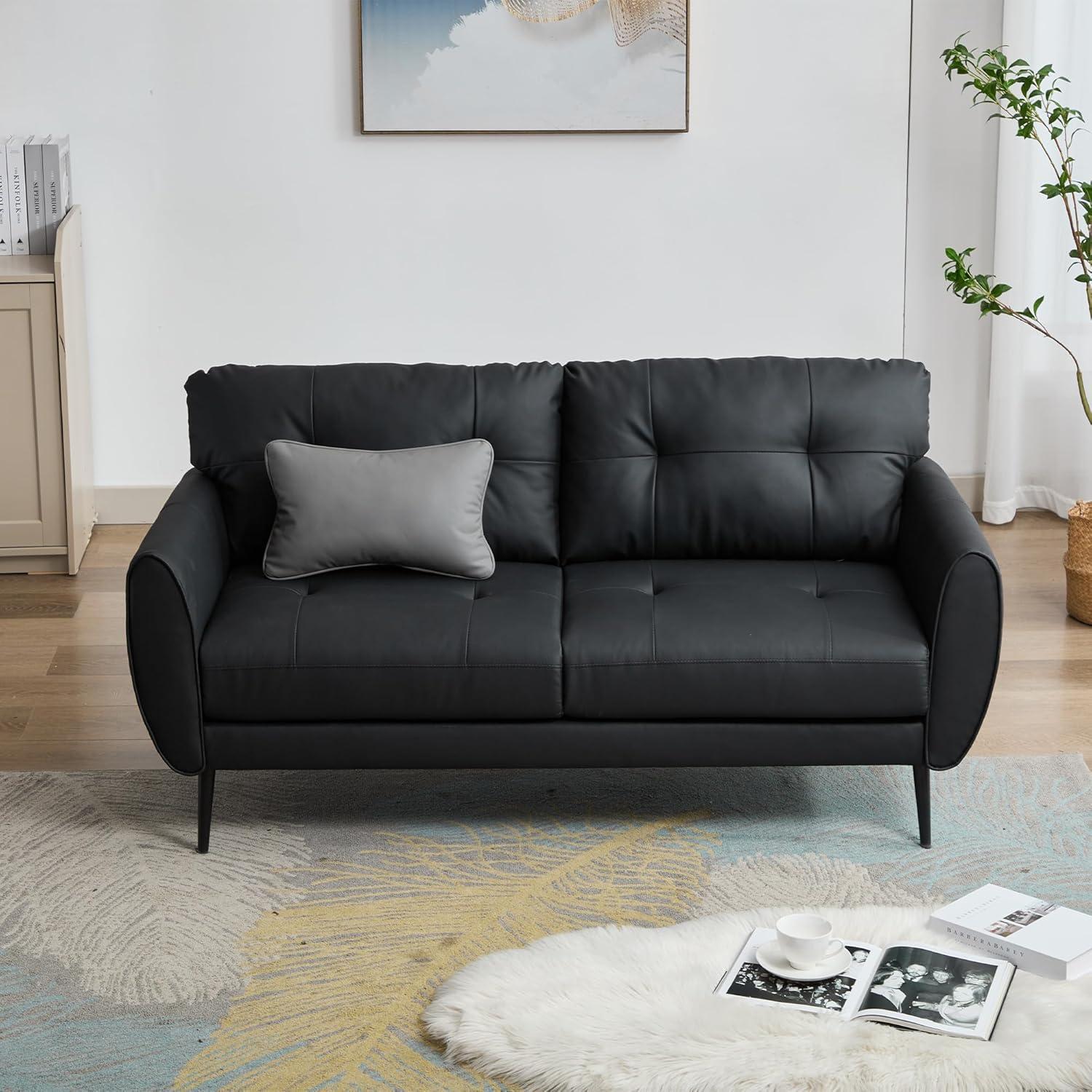 Black Faux Leather Tufted Loveseat with Solid Wood Frame