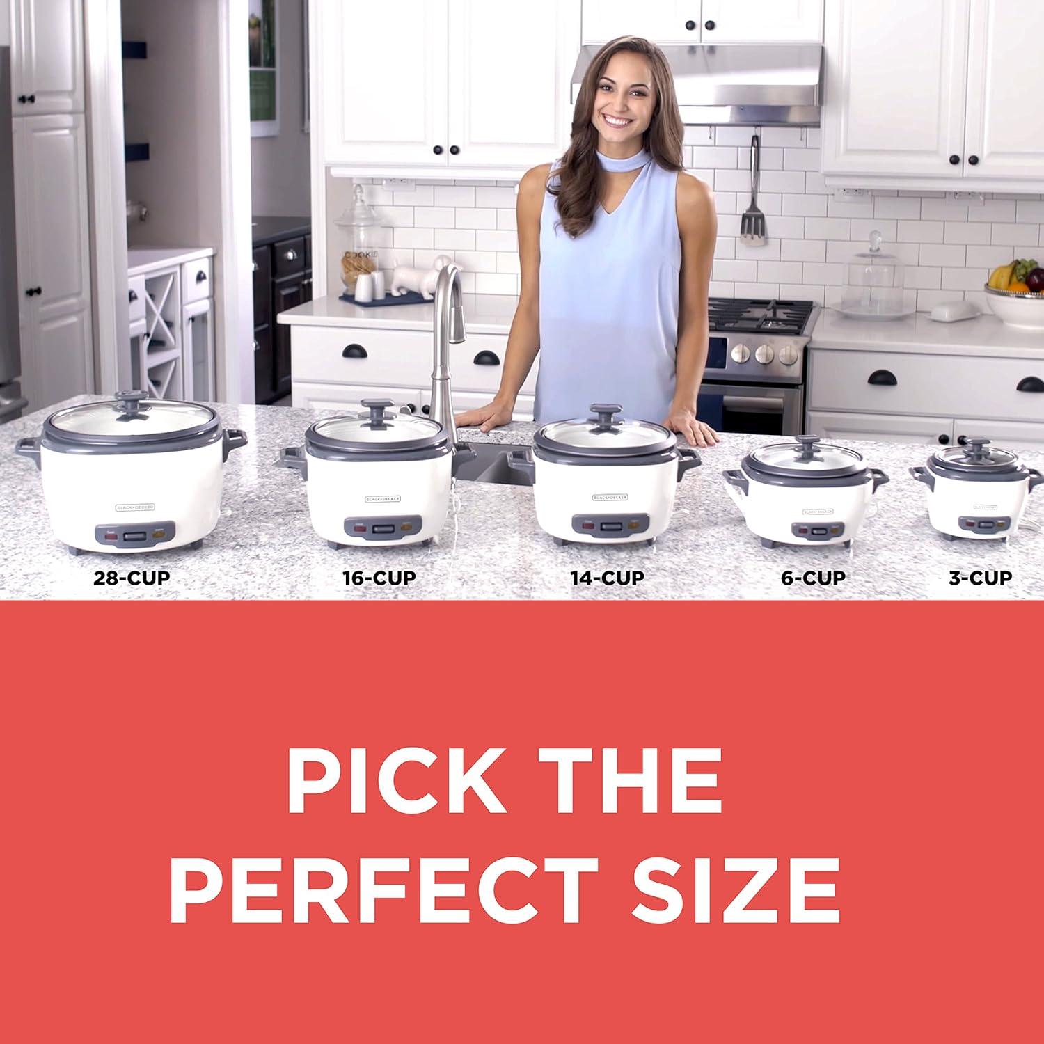 BLACK+DECKER 6-Cup Rice Cooker, RC506, 3-cup Uncooked Rice, Steaming Basket, Removable Non-Stick Bowl, One Touch