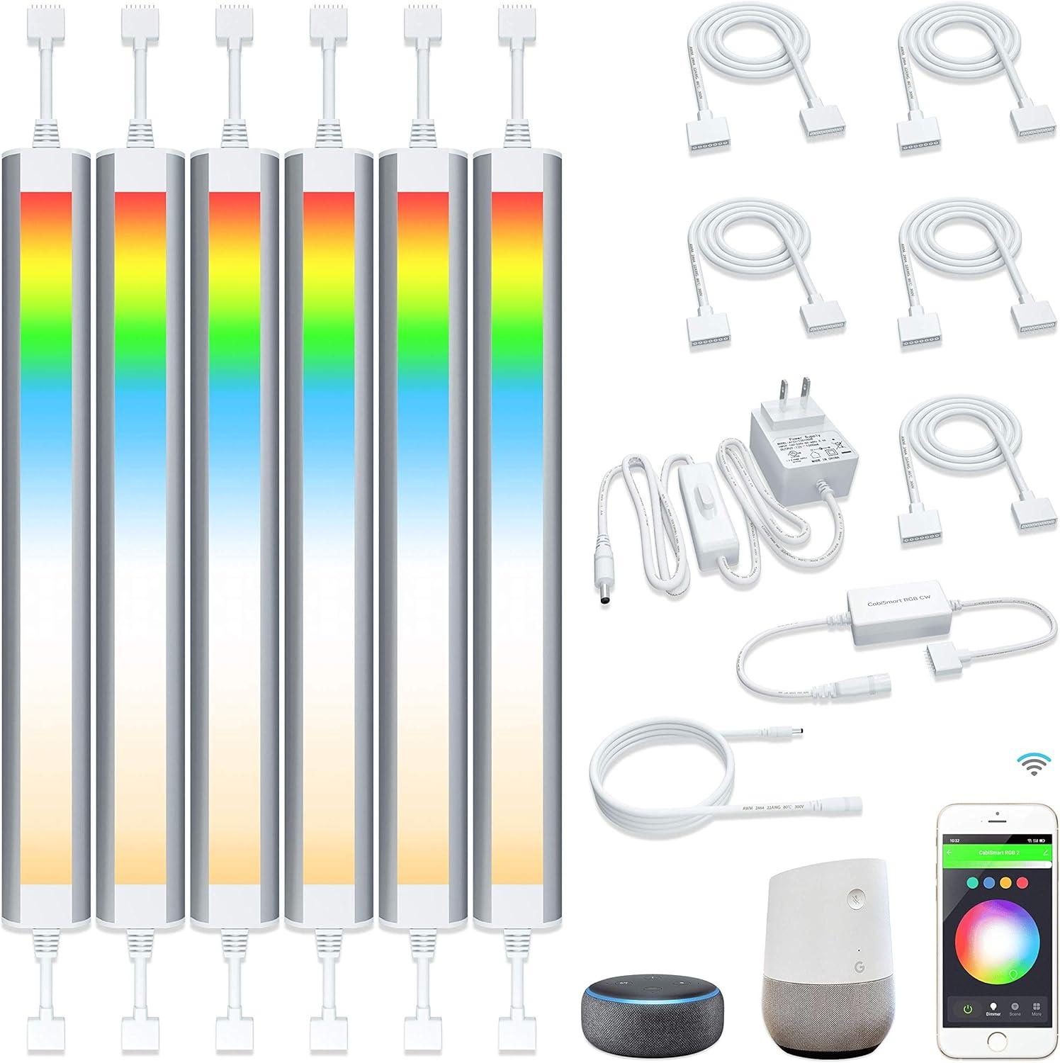 Smart Under Cabinet Lighting Strip Lights White & Color Changing Dimmable Work with Alexa Google Smart Thing Phone App, RGB Multi Colored Lamp for Kitchen Counter Light Fixture (6 Lights Bar Kit)