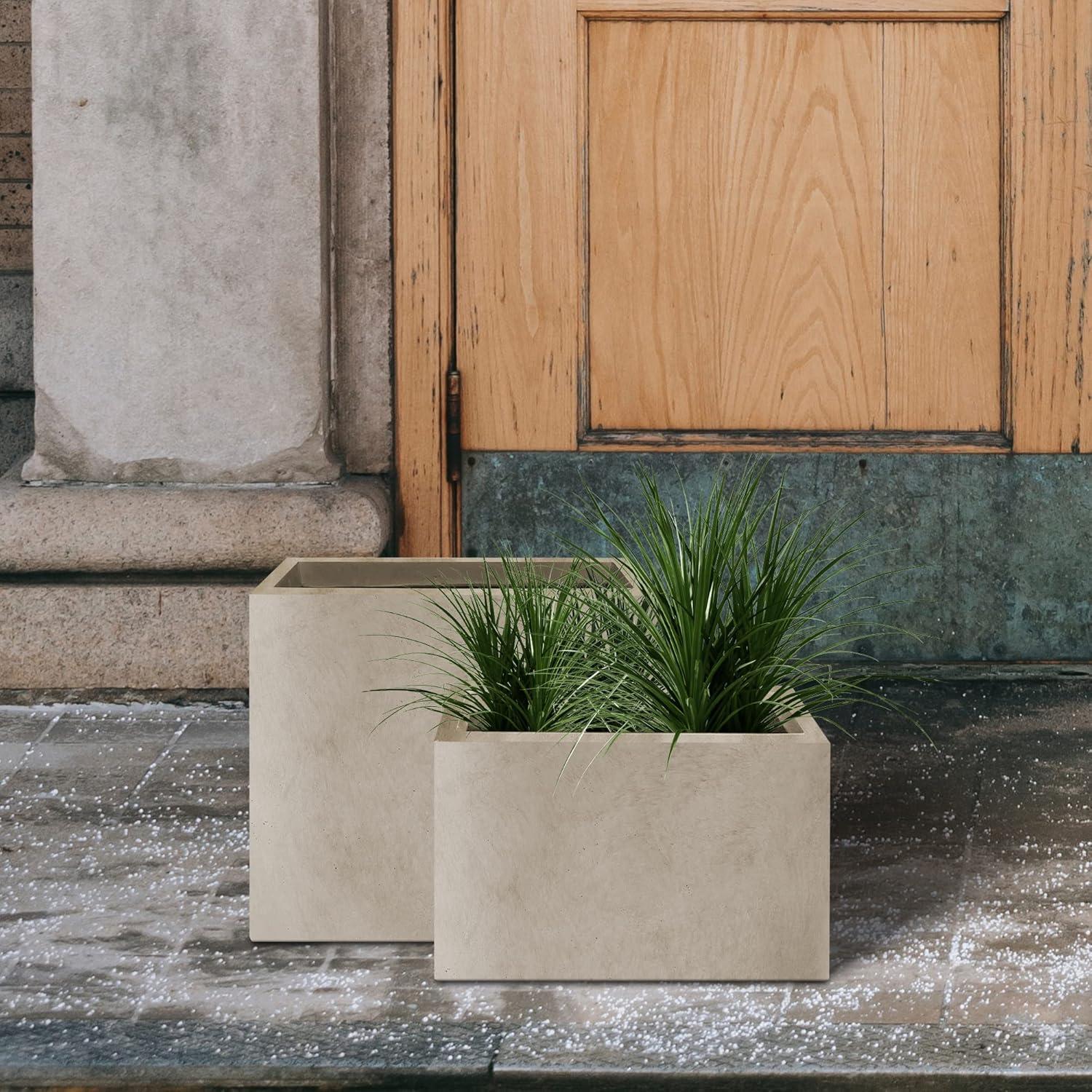 Weathered Concrete Rectangular Planters Set with Drainage Holes