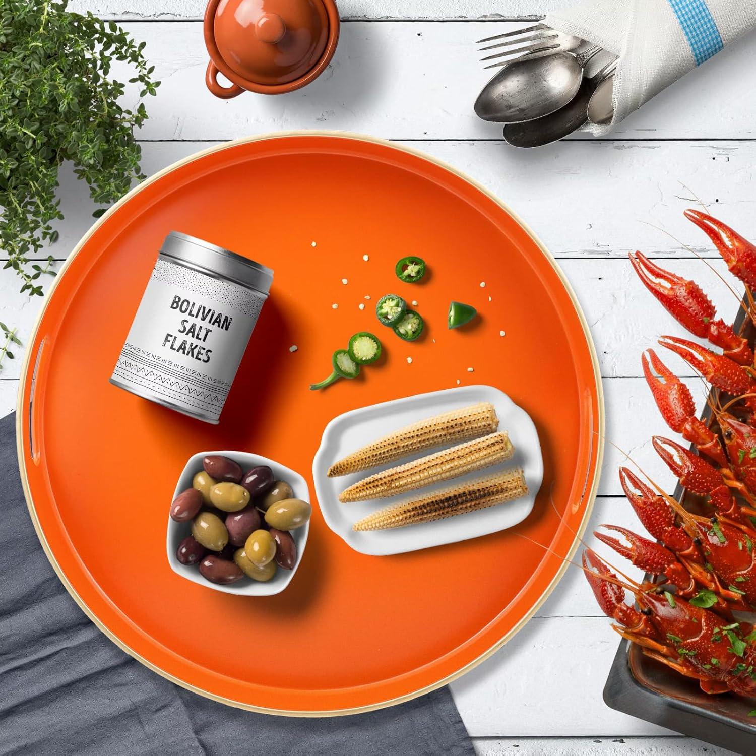 MAONAME 13" Round Tray, Orange Serving Tray with Handles, Modern Decorative Trays for Coffee Table, Plastic Ottoman Trays for Ottoman, Bathroom, Halloween Decor