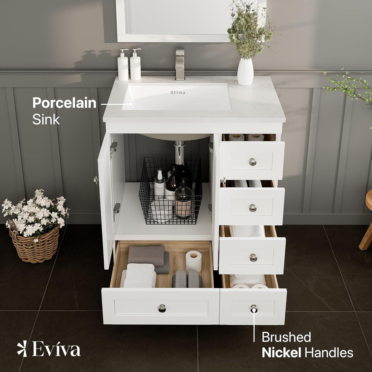 Eviva Happy 28"W x 18"D White Bathroom Vanity with White Carrara Quartz Vanity Top and Rectangular Undermount Sink