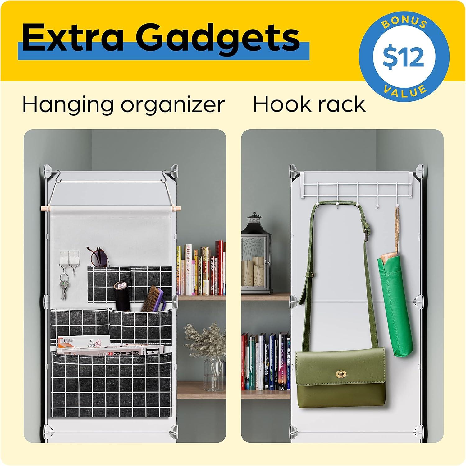 Shoe Organizer Cabinet Up to 72 Pairs, Shoe Closet-Covered Shoe Rack with See-Through Door (Clear, Plastic, Stackable) Cubby Portable Shoe Organizer with Covers, Hooks & Pockets, Black