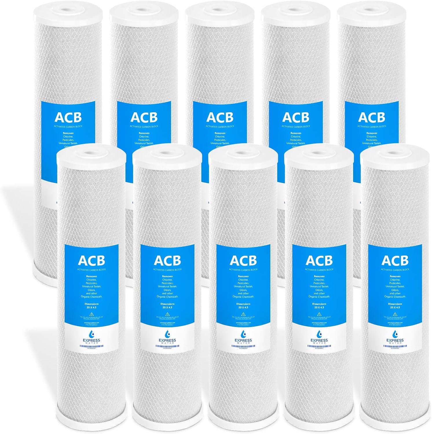 Express Water – 10 Pack Big Blue Filter Activated Carbon Block Replacement Filter – ACB Large Capacity Water Filter – Whole House Filtration – 5 Micron – 4.5” x 20” inch