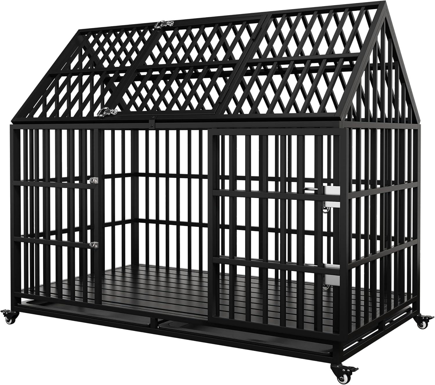 54" Heavy Duty Dog Crate Large Dog cage Strong Metal Dog Kennels and Crates for Large Dogs Top Open with 2 Doors 4 Lockable Wheels 2 Removable Trays