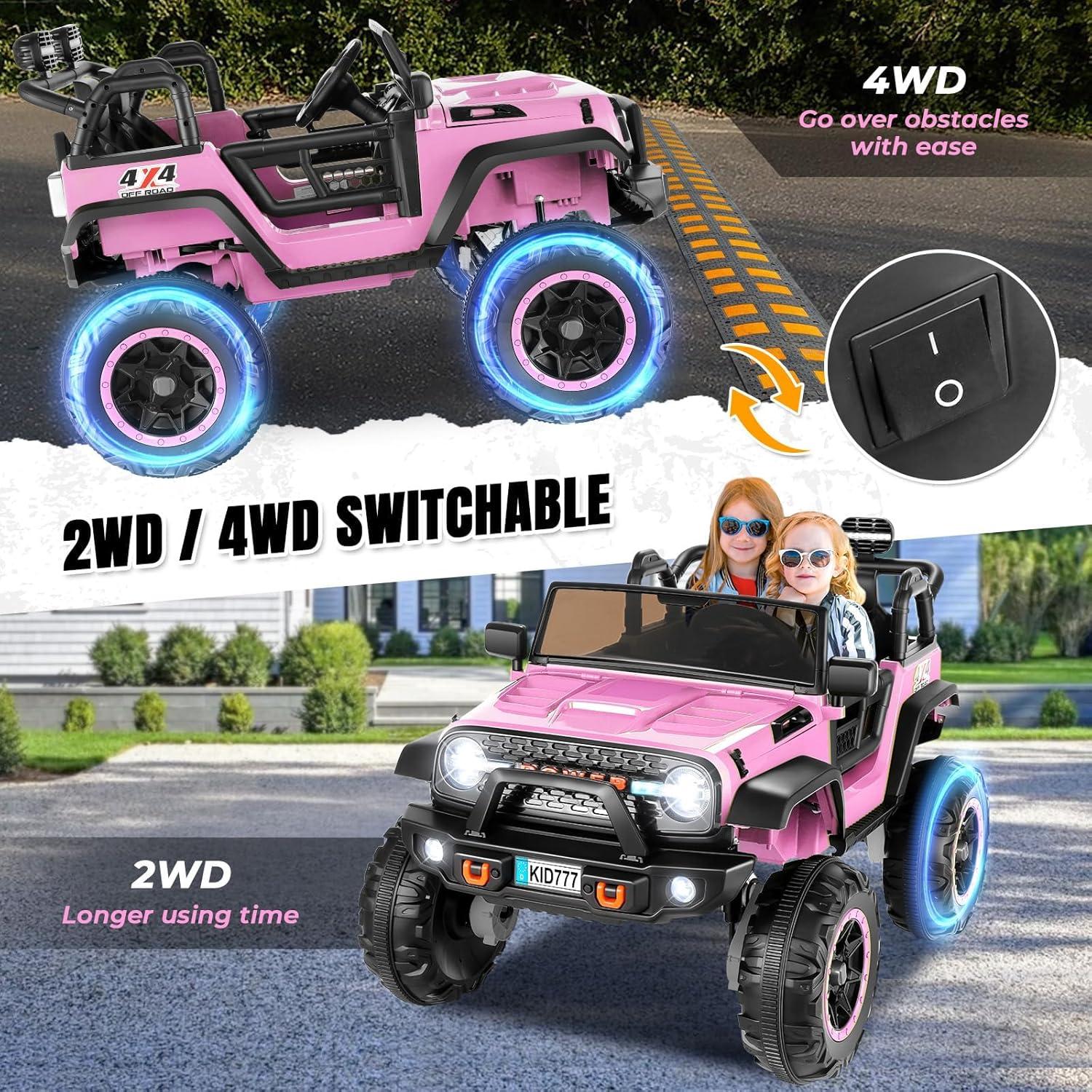Electric Ride On Car, 24V 2 Seats for Kids, with Remote Control, 4WD Spring Suspension, 2 Speeds, Music, for 3+,Pink