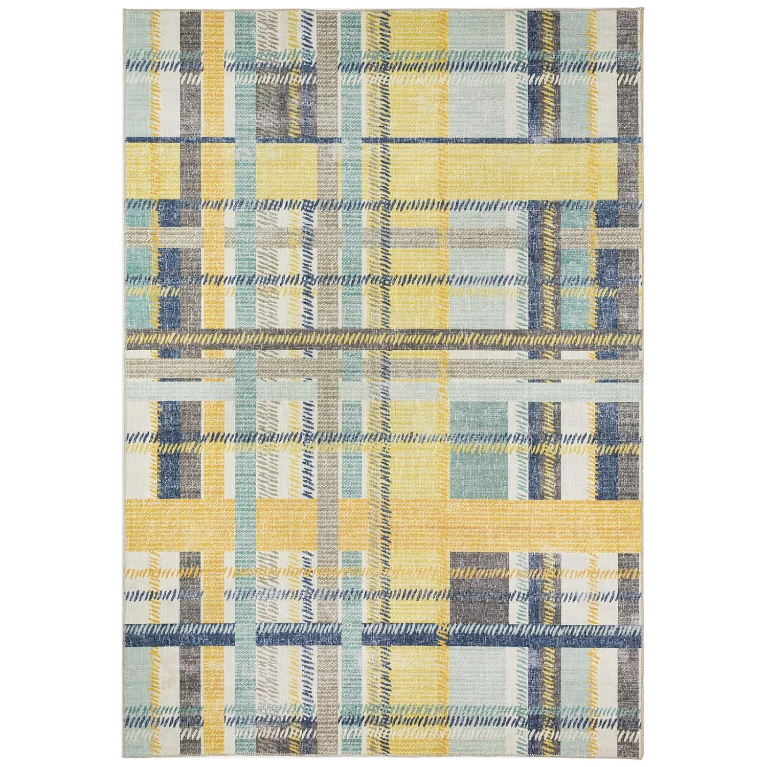 NELE Machine Washable Modern Lattice Area Rug Yellow/Blue Multi
