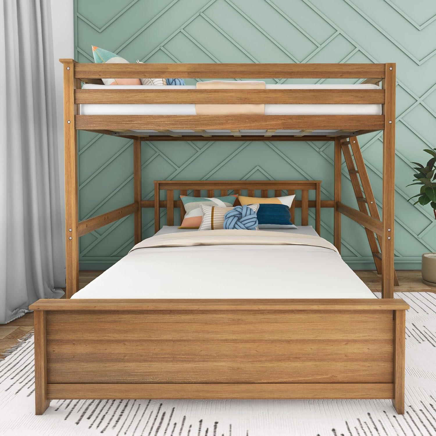 Max & Lily Bunk Bed, L Shaped Full-Over-Queen Bed Frame for Kids with Ladder on End, Solid Wood Bunk Bed for Kids, No Box Spring Needed, Pecan