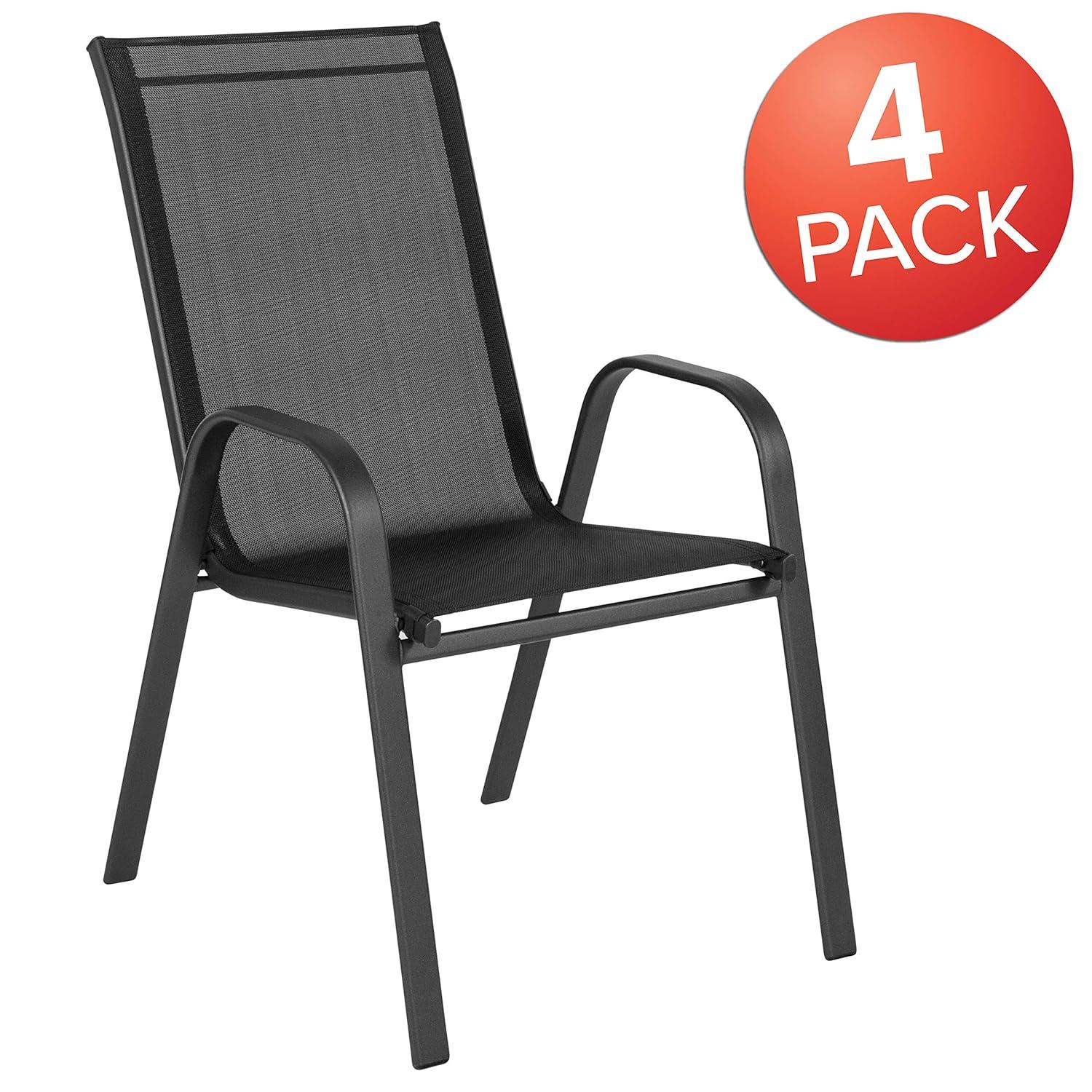 Flash Furniture 4 Pack Brazos Series Black Outdoor Stack Chair with Flex Comfort Material and Metal Frame