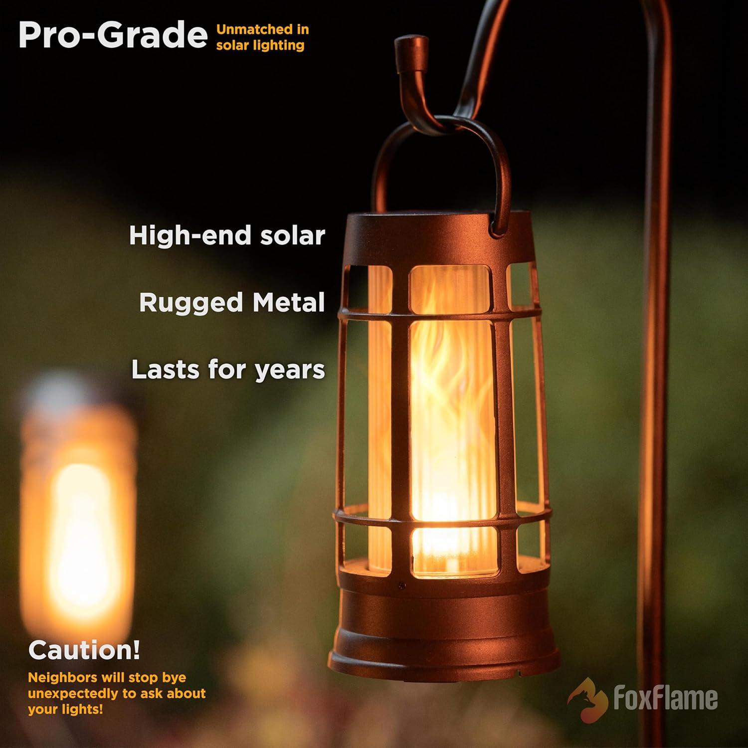 FoxFlame Professional Metal Solar Flame Lantern - Patented LED Flickering - Outdoor Waterproof - Hanging Option