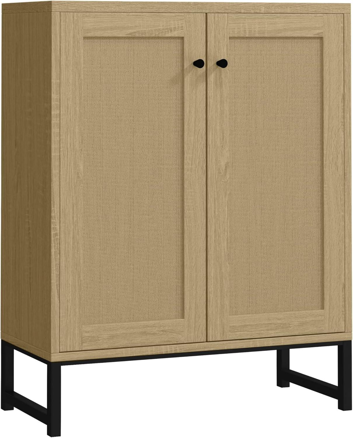 Natural Rattan Decorated Wooden Storage Cabinet with Dual Doors