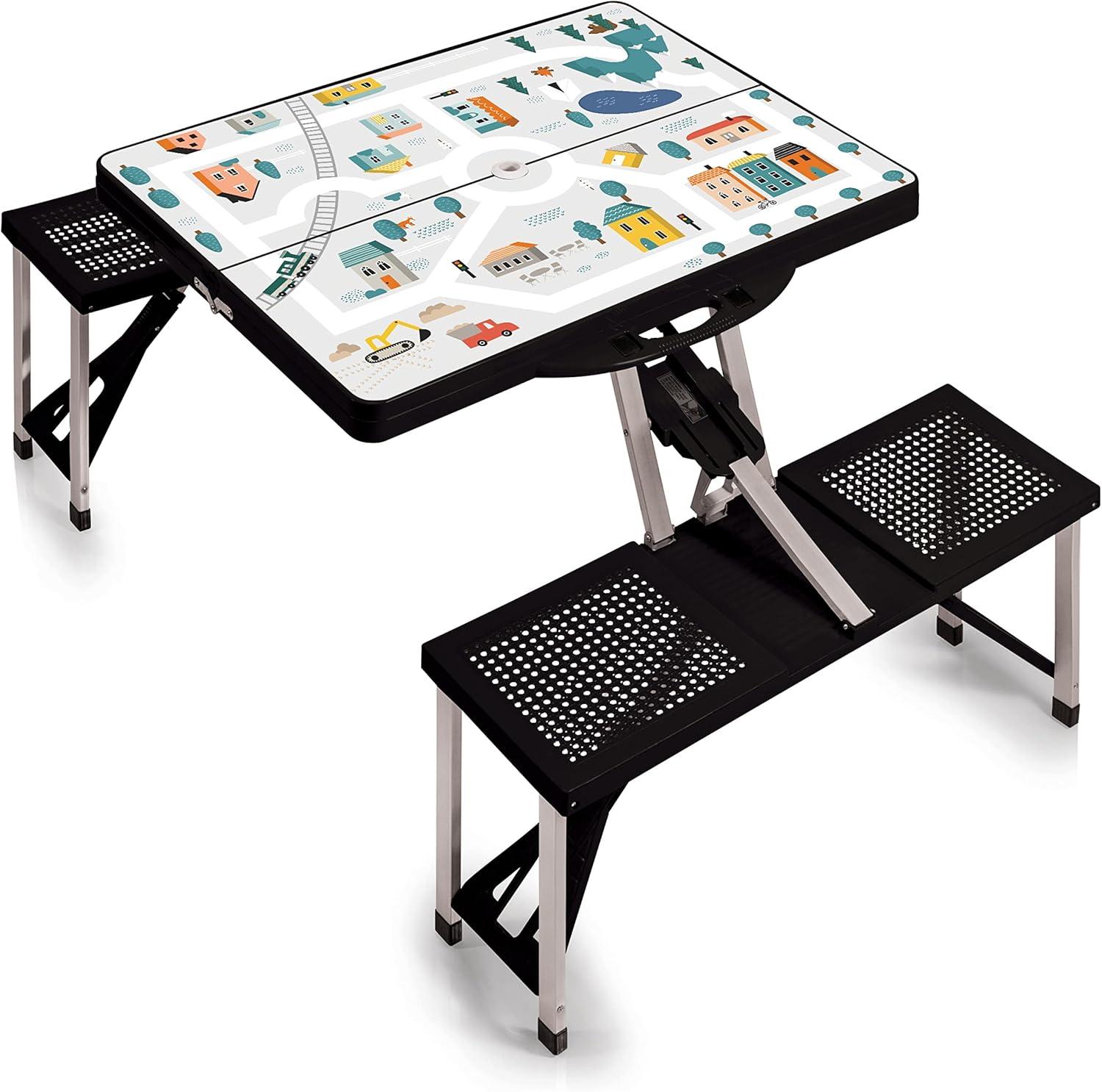 Black Folding Picnic Table with Play Town Design and Umbrella Hole