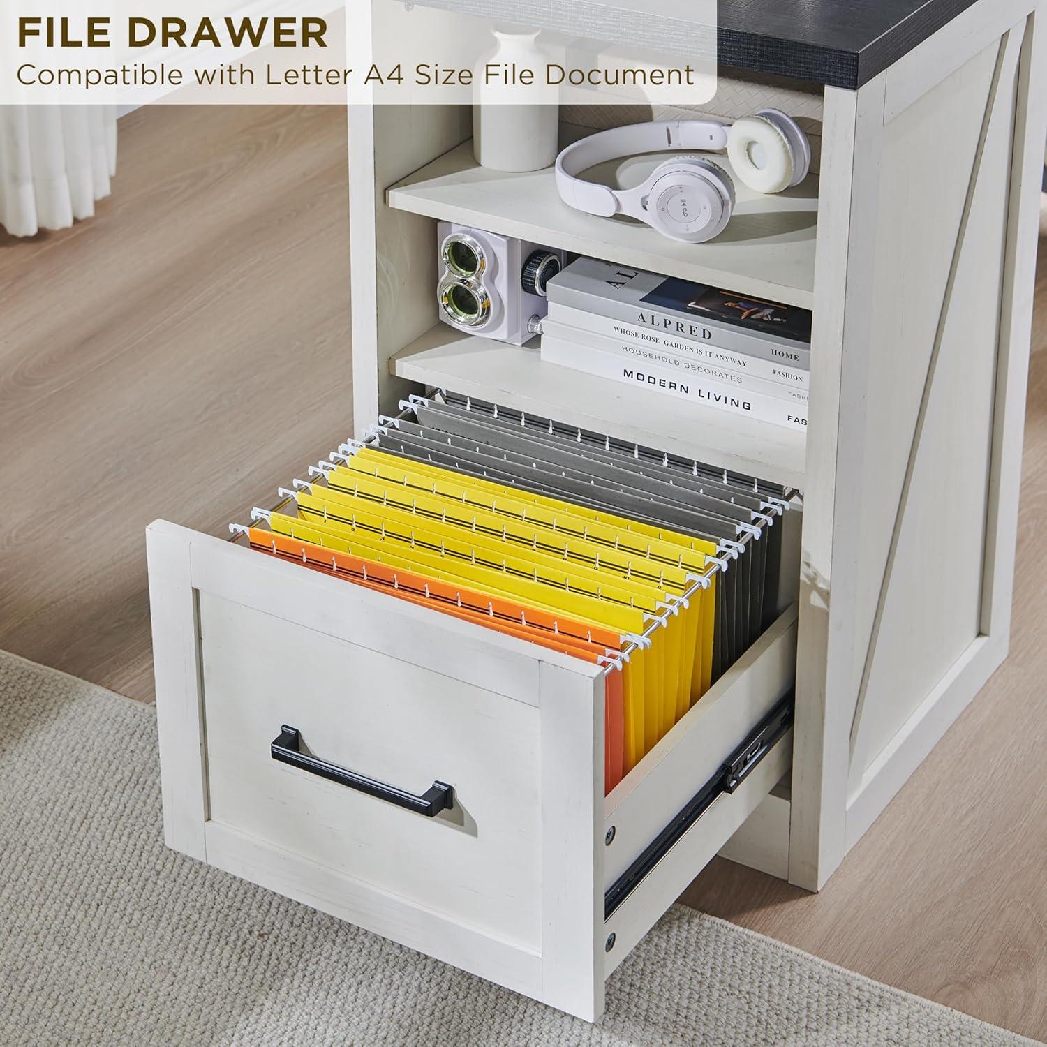 JXQTLINGMU Home Office Desk, Modern Farmhouse Computer Desk with File Cabinet Letter T4 F4 Legal, Study Writing Desk, 59 Inch, Off White