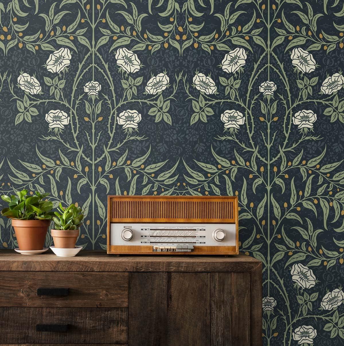 NextWall Stenciled Floral Peel and Stick Wallpaper Blue: Vintage Botanical Adhesive, Repositionable, Washable, 30.75 Sq Ft