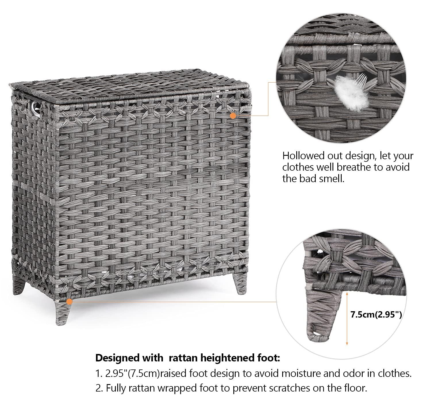 Laundry Hamper with 3 Removable Liner Bags; 132L Handwoven Rattan Laundry Basket with Lid & Heightened Feet; Clothes Hamper with Side Handles; Laundry Sorter with 3 Separate Sections (Gray)