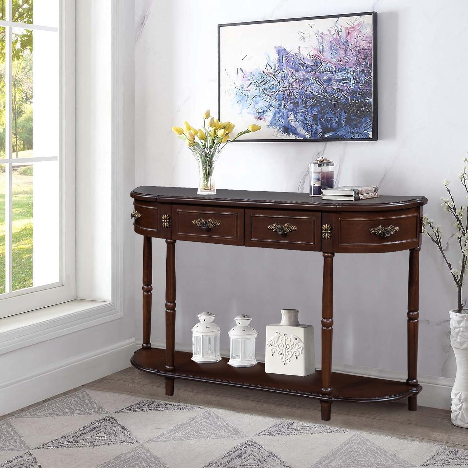 52" Espresso Wood Demilune Console Table with Storage