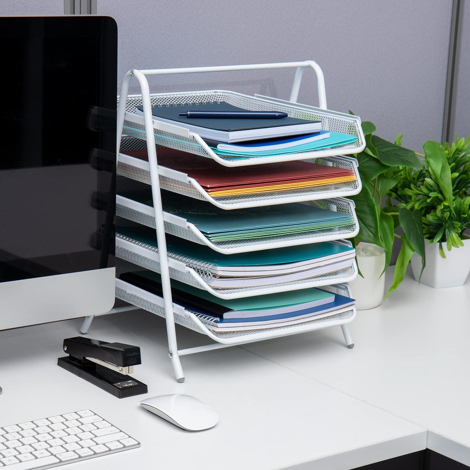 Mind Reader 5-Tier Paper Tray, Desktop Organizer, File Storage, Office, Metal Mesh, 11.75"L x 14"W x 14.5"H, White