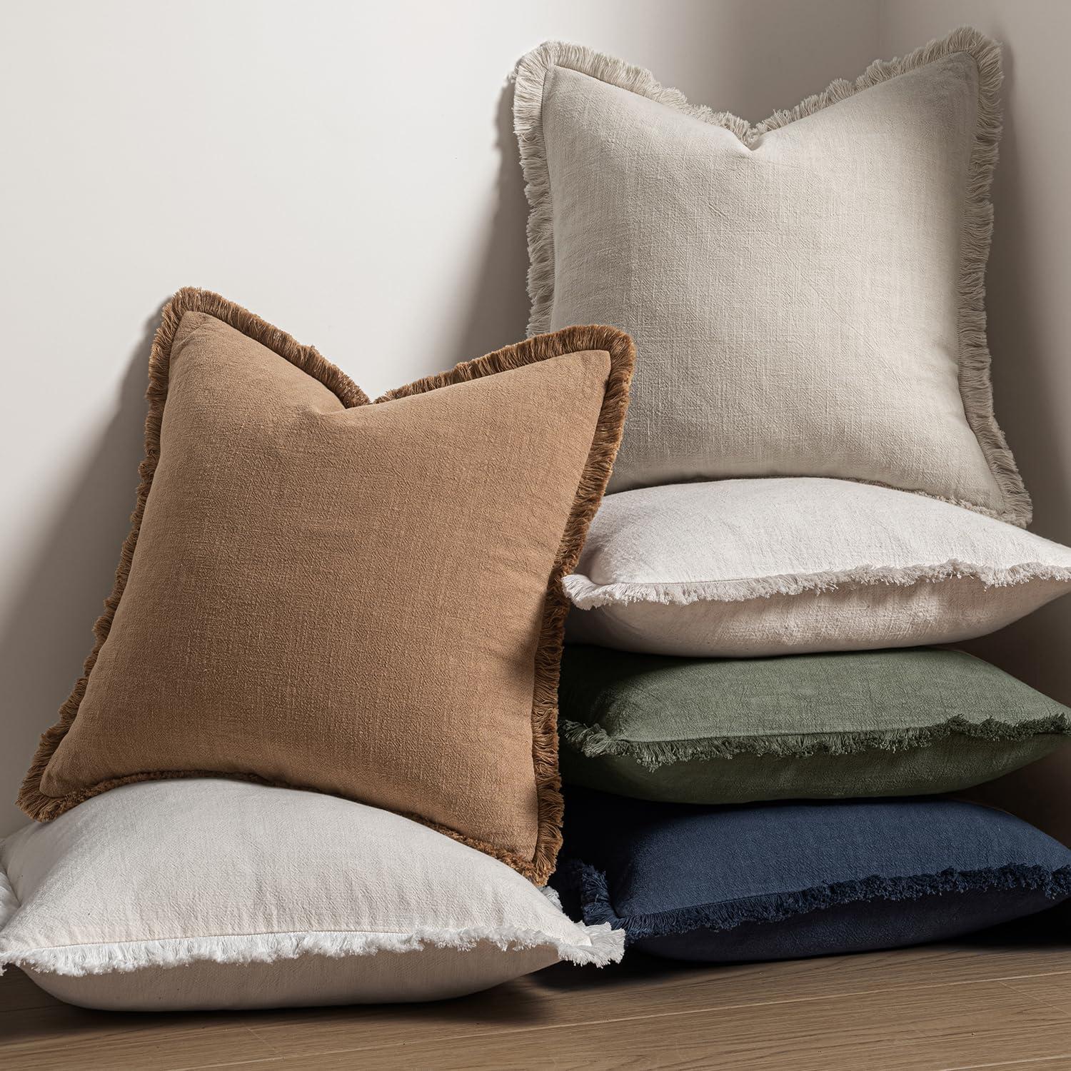 MIULEE Throw Pillow Covers Boho Farmhouse 18x18 Set of 2 Decorative Beige Couch with Fringe Chic Cotton Pillowcases Home Decor Accents for Cushion Soft Bed Living Room