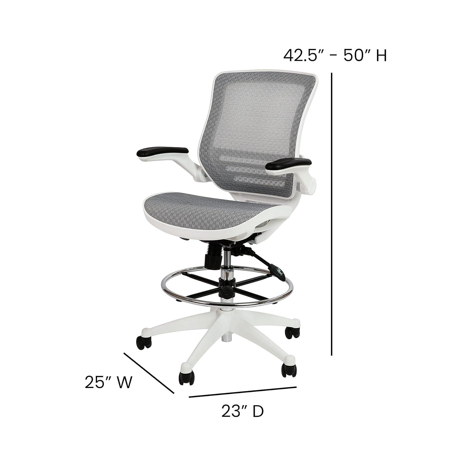 Emma and Oliver Gray Mid-Back Mesh Drafting Chair with White Frame and Flip-Up Arms