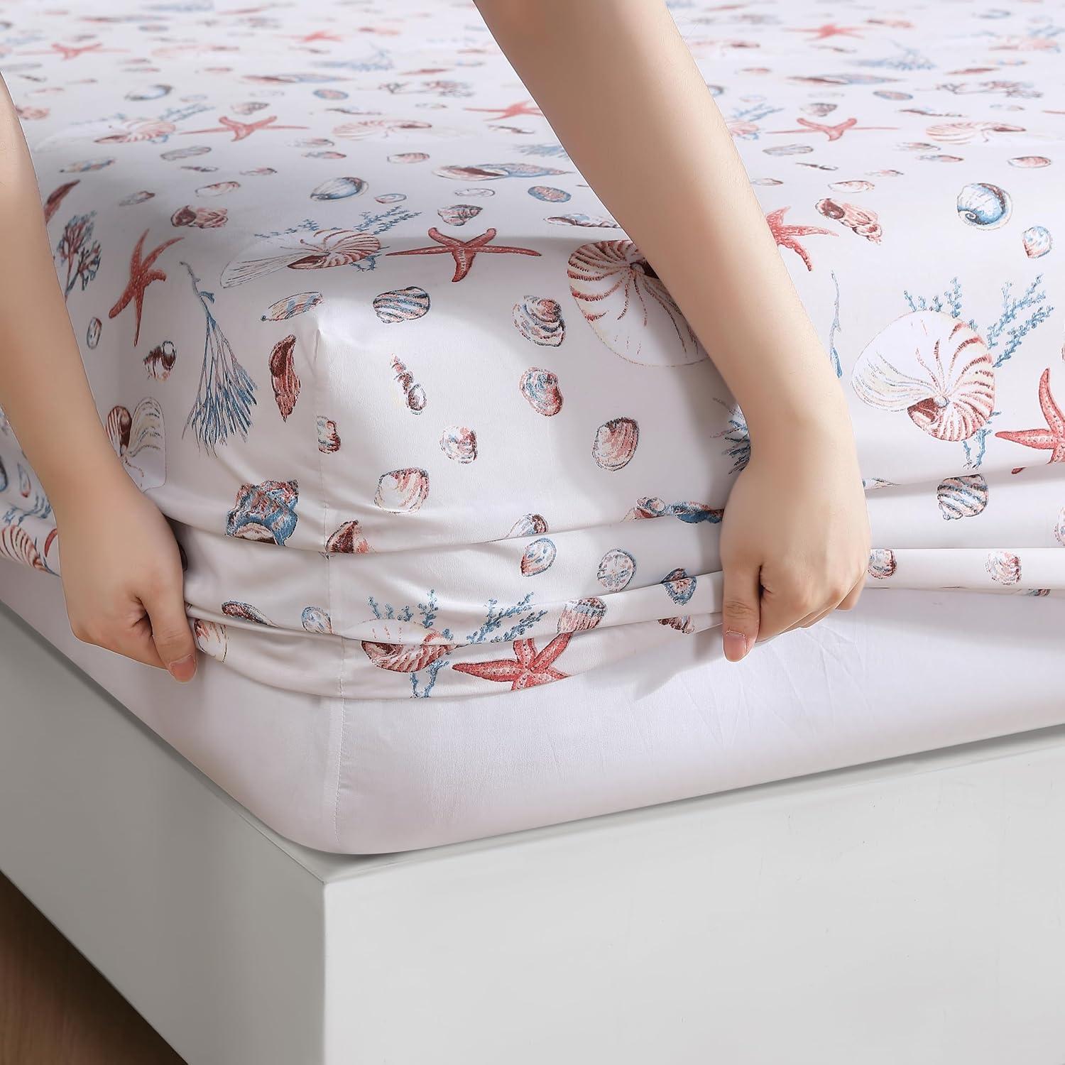 Coastal Print Microfiber Sheet Set, King, Oceanside Sand