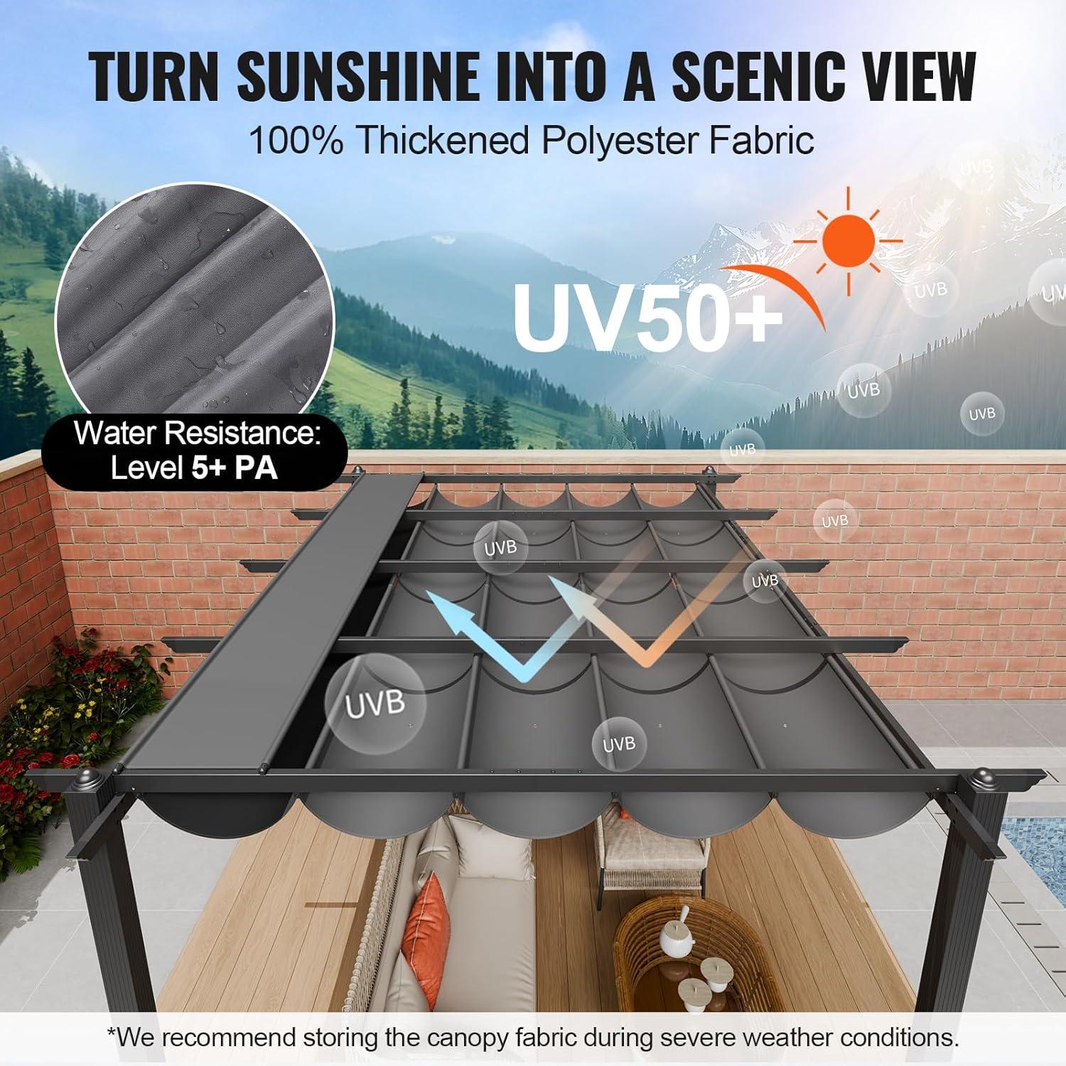 VEVOR 10'x10' Outdoor Retractable Pergola with Canopy, Aluminum Pergola with Retractable Canopy, Modern Style, Sun Shade for Patios, Gardens, Decks, Backyards (Gray)