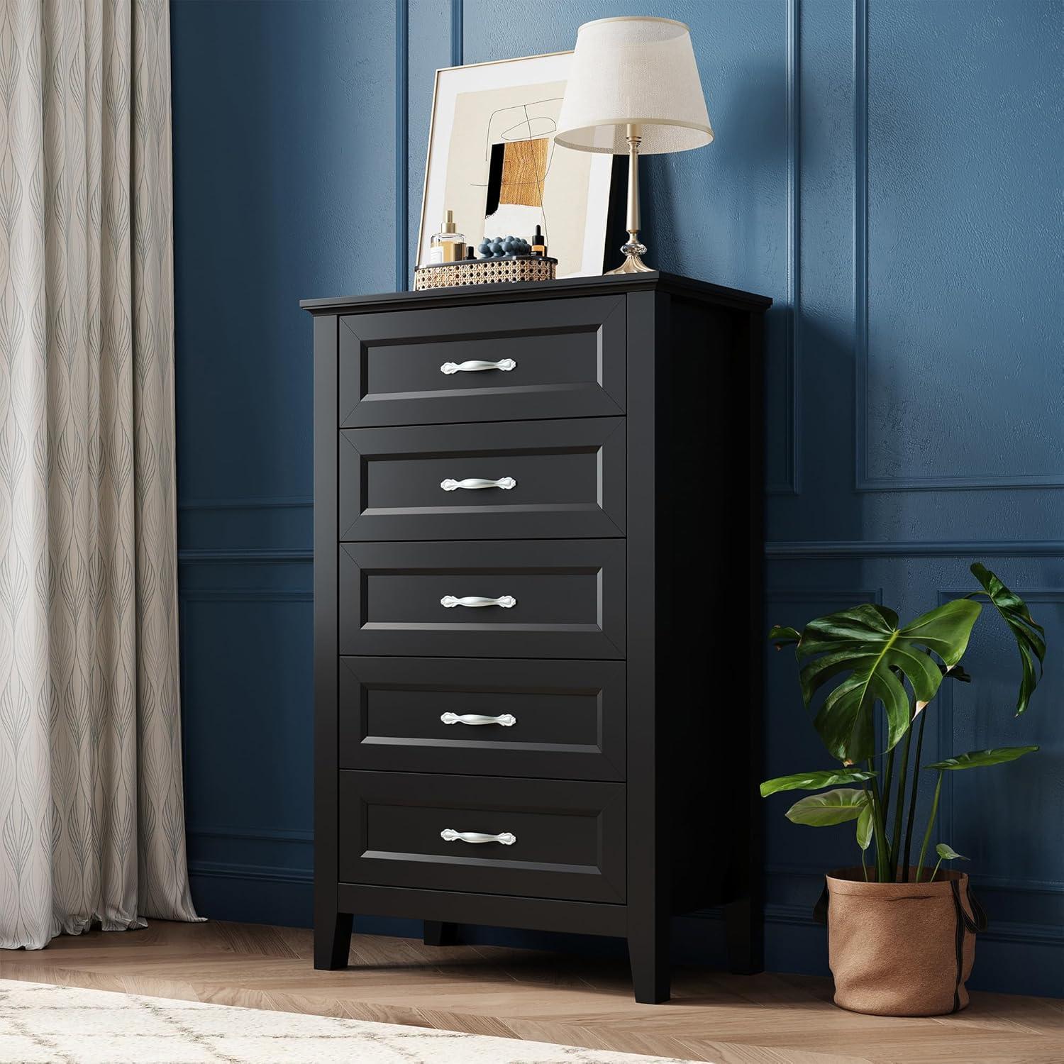 LINSY HOME Dresser for Bedroom, 5 Drawer Dresser with Metal Handles, Wood Chest of Drawers, Tall Dresser for Living Room, Entryway, and Closet, Black