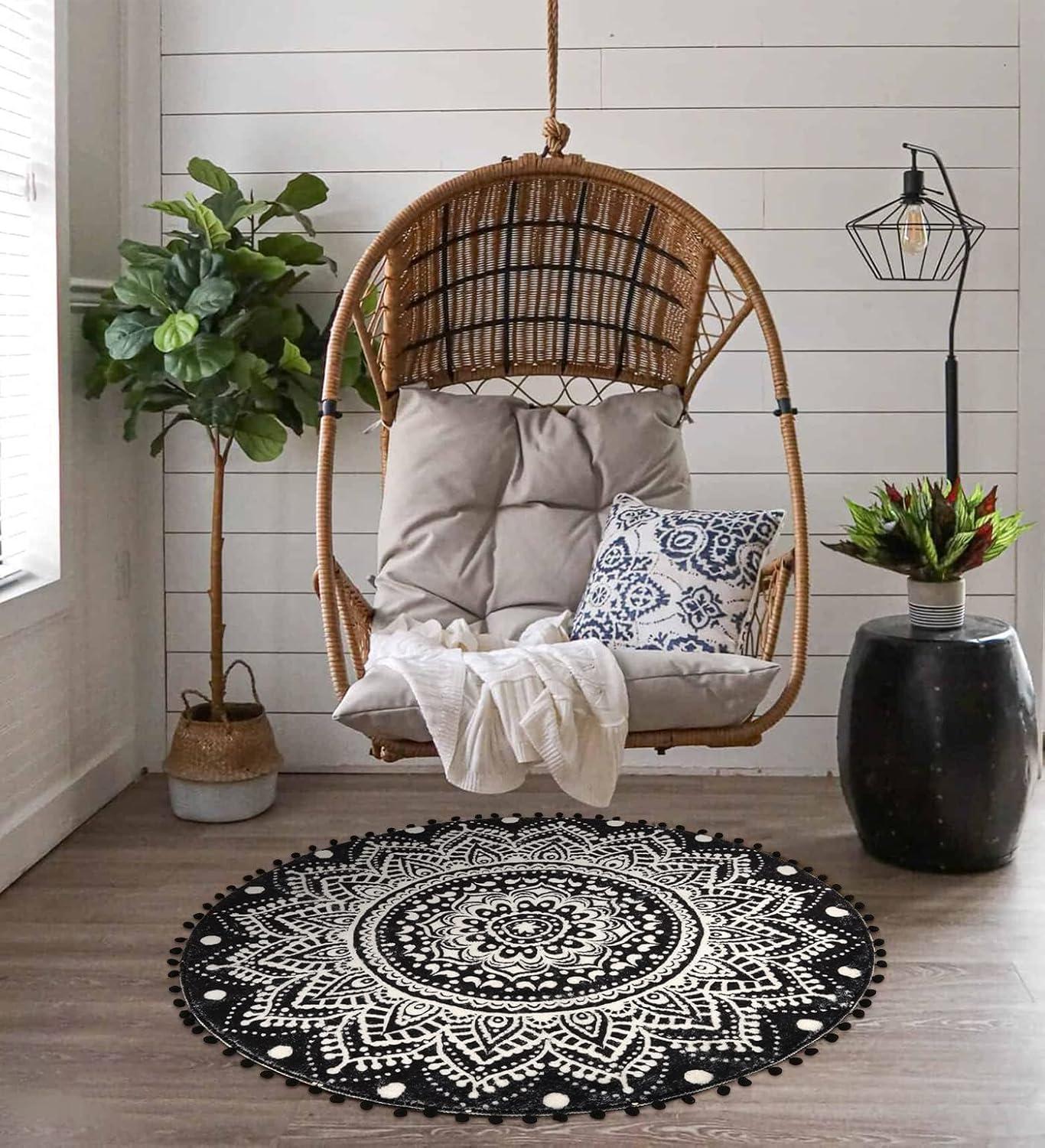 Black and White Round Boho Mandala Tufted Rug with Pom Poms