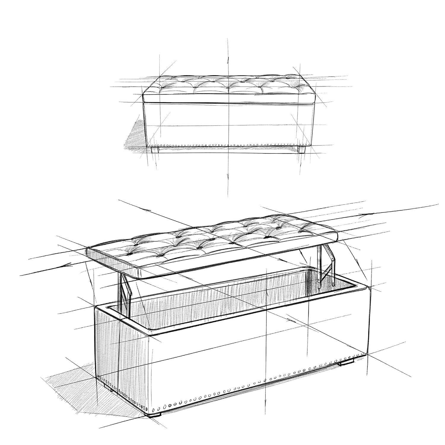 Simpli Home Hamilton 44"W Upholstered Lift-Top Storage Ottoman with Nailhead Trim and Tufted Detailing