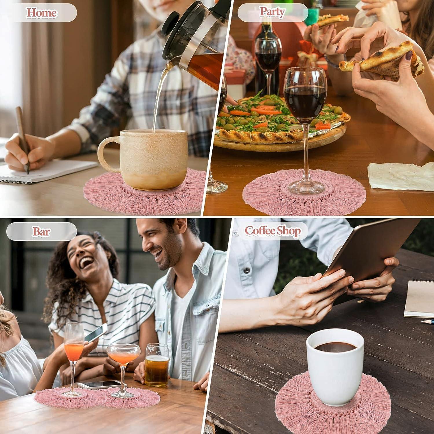 2 Posavasos Bohemios de Macramé para Bebidas, Posavasos Absorbentes con Borla, Posavasos Redondos de Algodón Hechos a Mano de 7 Pulgadas para Mesa de Escritorio, Cocina, Oficina, Hogar, Bar, Protección de Mesa, Regalo de Inauguración de la Casa, Rosa