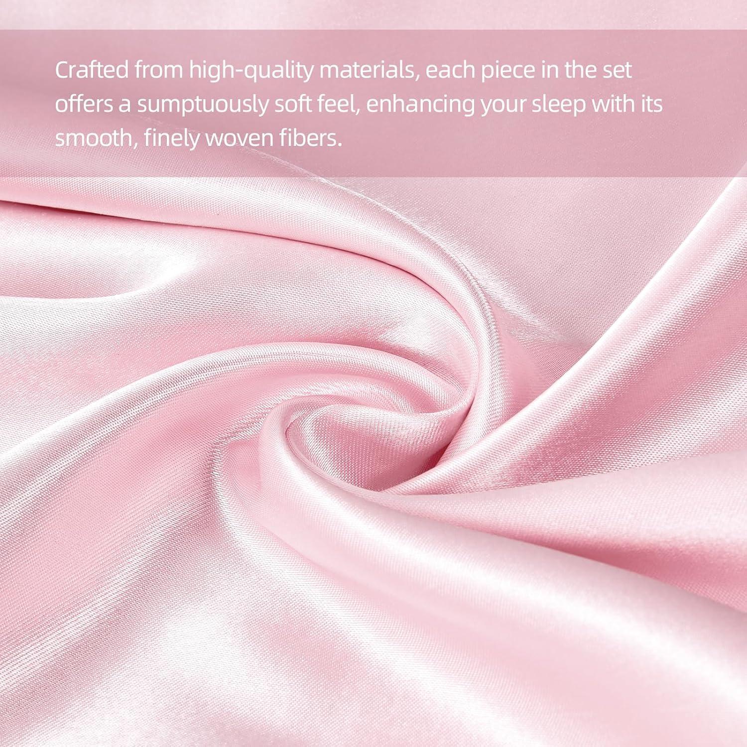 ANMINY Satin Sheets Twin Silk Sheets Bean Paste Color Bed Sheet Set Deep Pocket Bed Flat Fitted Sheet, 3-Pieces